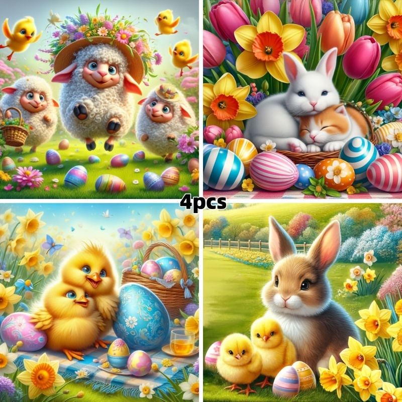 

4pcs Easter Diamond Painting Kit - Adorable Lamb, Chick, & Bunny Designs With Eggs & Flowers, Diy 5d Drill Mosaic Craft, Ideal Handmade Gift For Wall Decor, , Diamond Art Kits