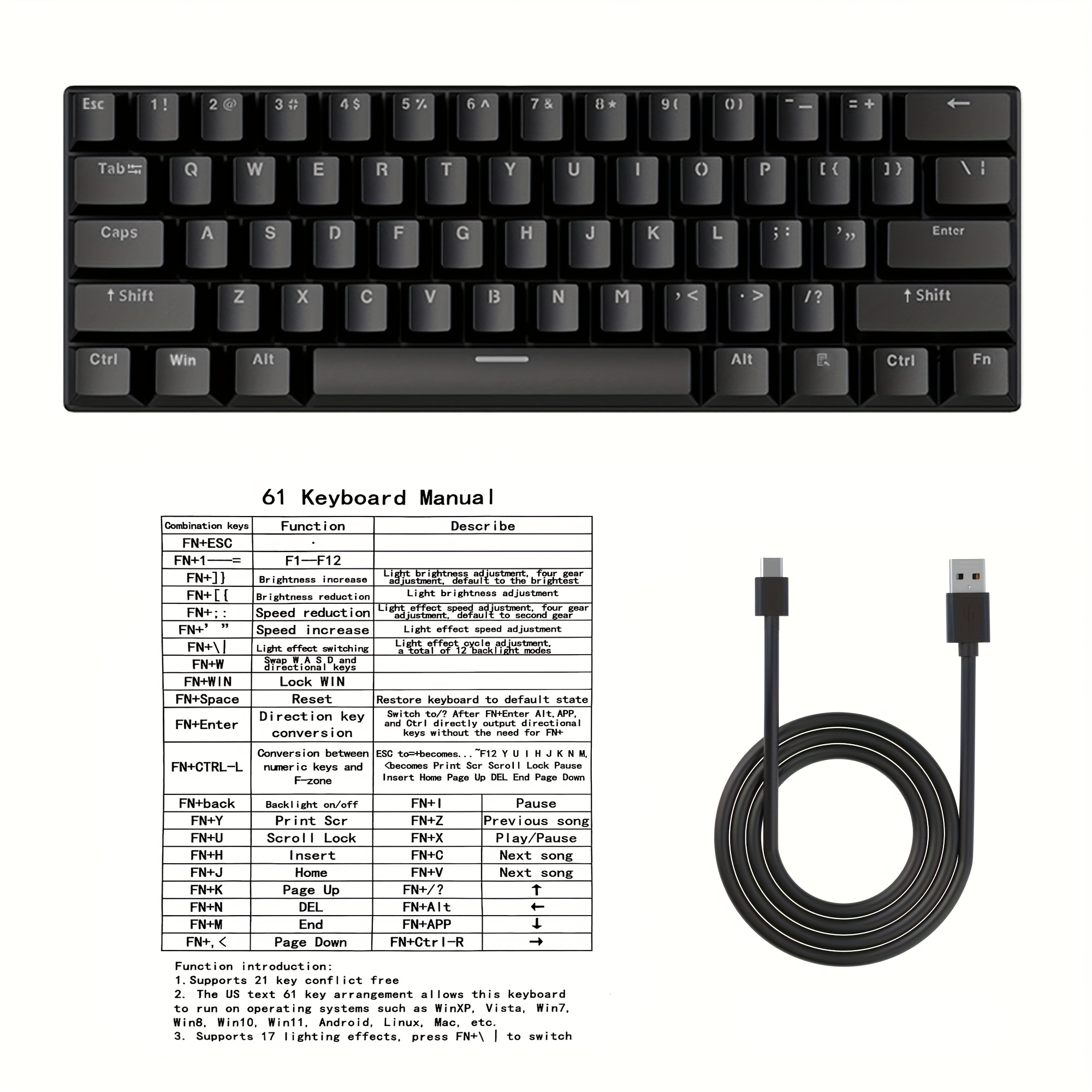 TEMU Wired Mechanical Keyboard, 61 Keys Rgb Backlit. Ultra- Gaming Keyboard For Pc Computer Gamers. Multiple Colors & Styles