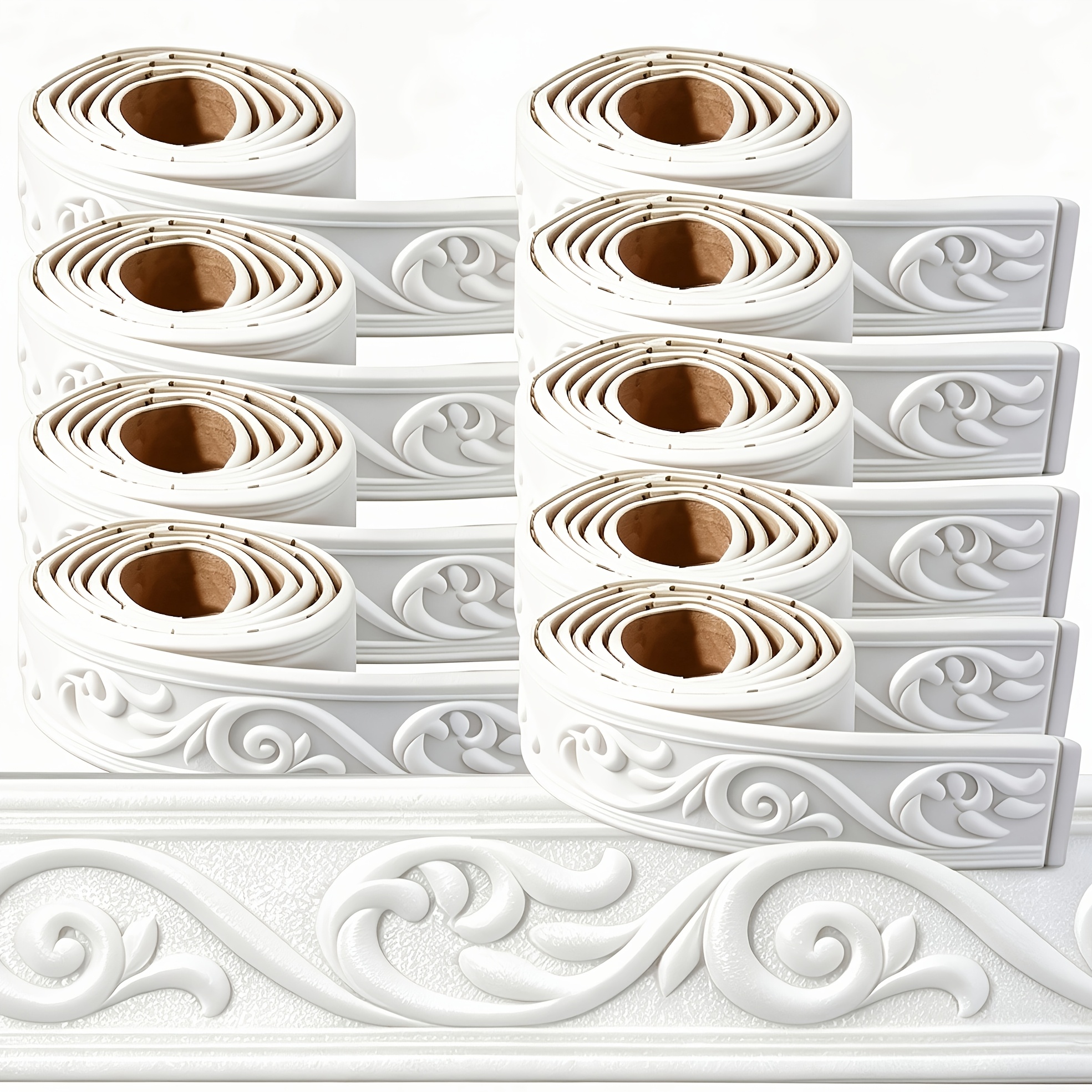 TEMU Lot de 9 rouleaux de moulure couronne, décoration murale en mousse souple 3D, support auto-adhésif, bande de papier peint décoratif, moulure de