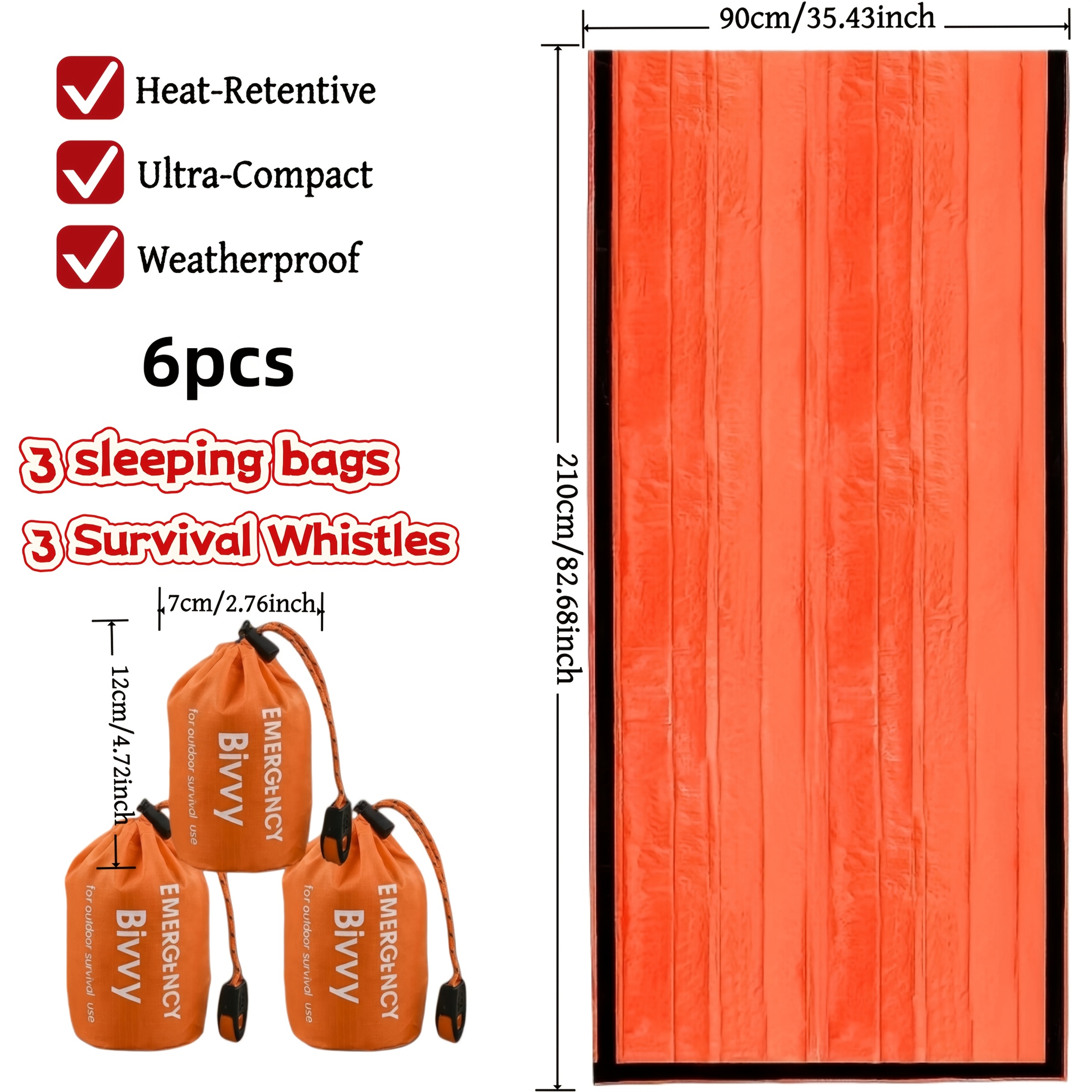 Temu – TEMU 6pcs Emergency Sleeping Bag (3 Sleeping Bags And 3 Survival Whistles), Survival , Thermal Emergency Blanket, Lightweight Portable Shelter For
