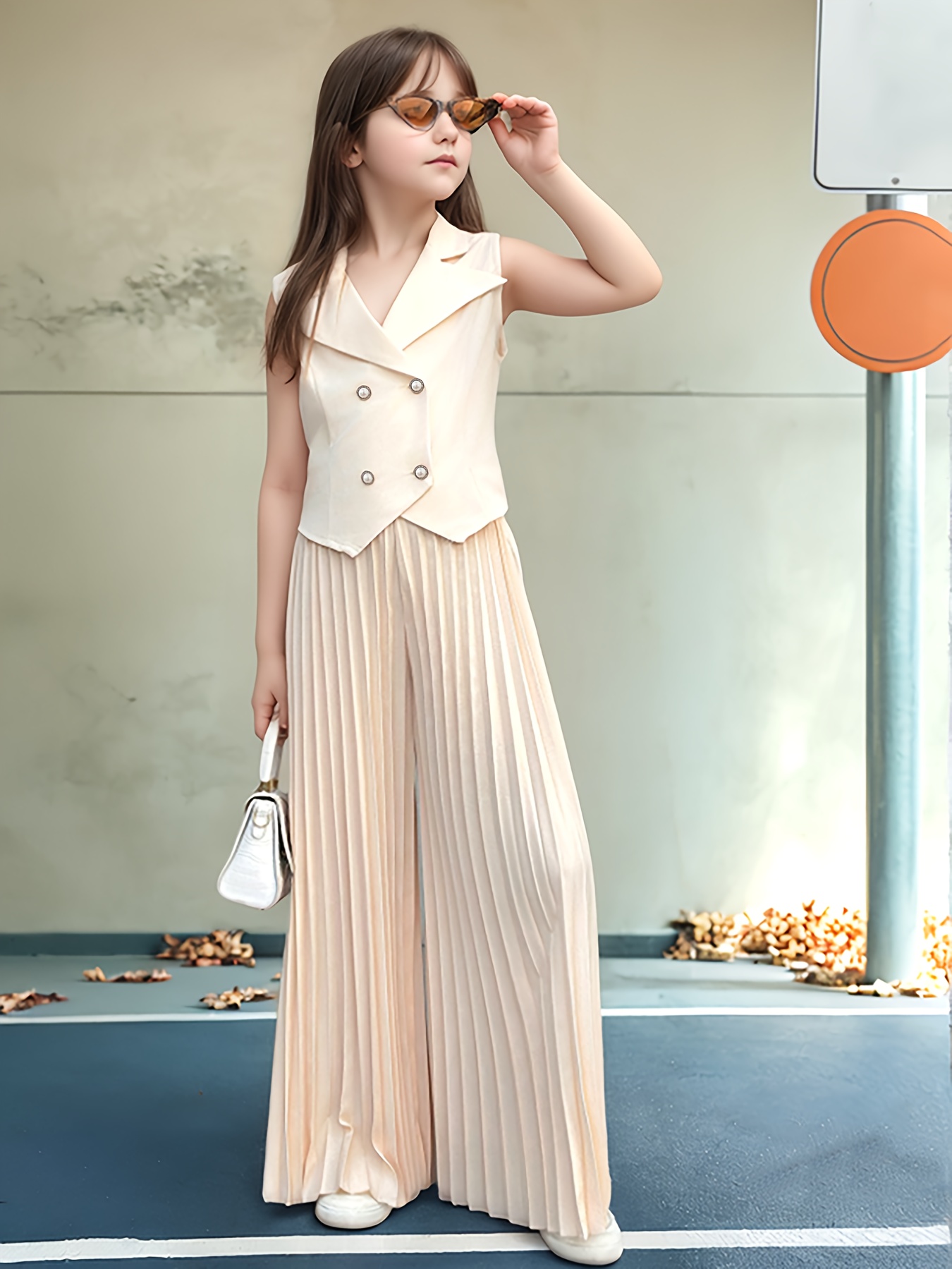 Conjunto y elegante para niñas de y verano: con botones y cuello  con pantalones de color y e