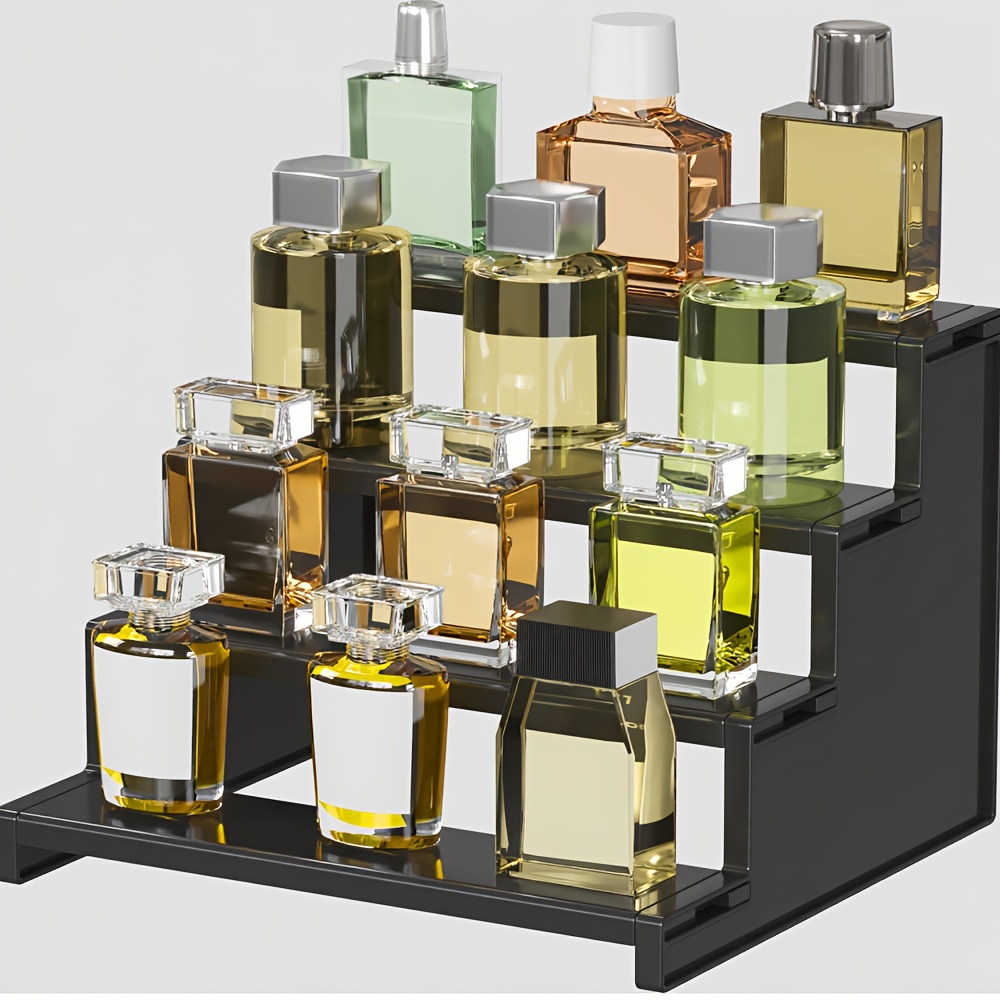 TEMU Plastic Cologne Organizer Perfume Stand, Display (9 Inch, 1 Pack), 4 Tier Black Display Risers Stand