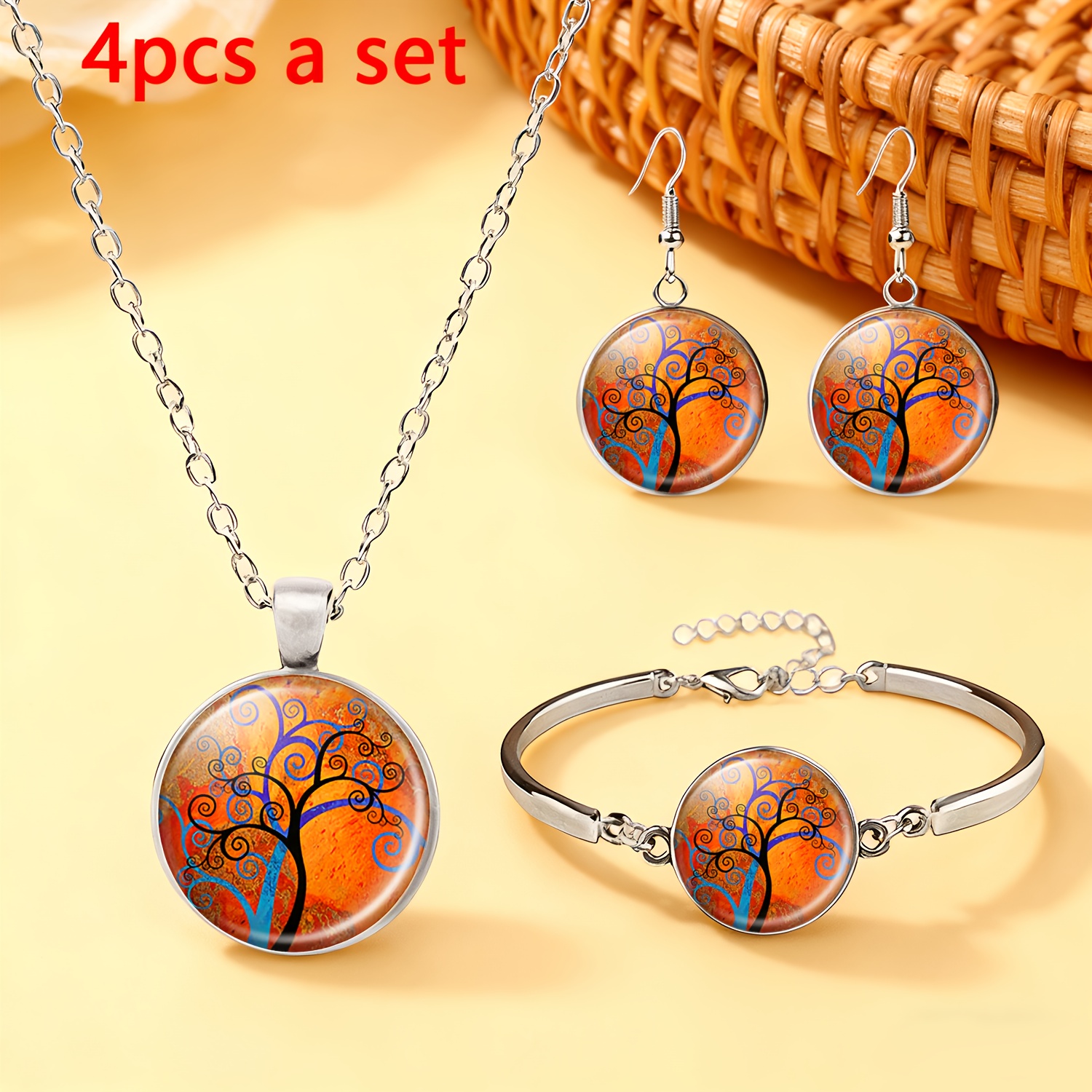TEMU 4pcs Packaging (1pc Necklace, 1pc Bracelet, 1 Pair Earrings) Suitable For Women, Glass Inlaid Pattern White Jewelry Set, Abstract Pattern Orange