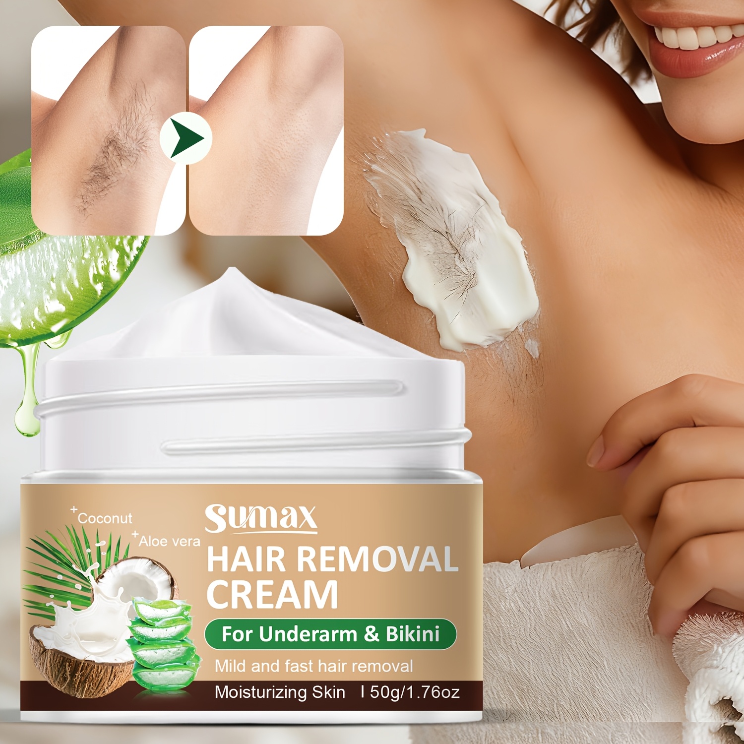 Image of Aloe Hair Removal Cream, Enriched With Aloe And Coconut Extracts, - Removal With Minimal Irritation. Suitable For , Bikini Line, And Full Body. Perfect For Cool And Essential For Dates.