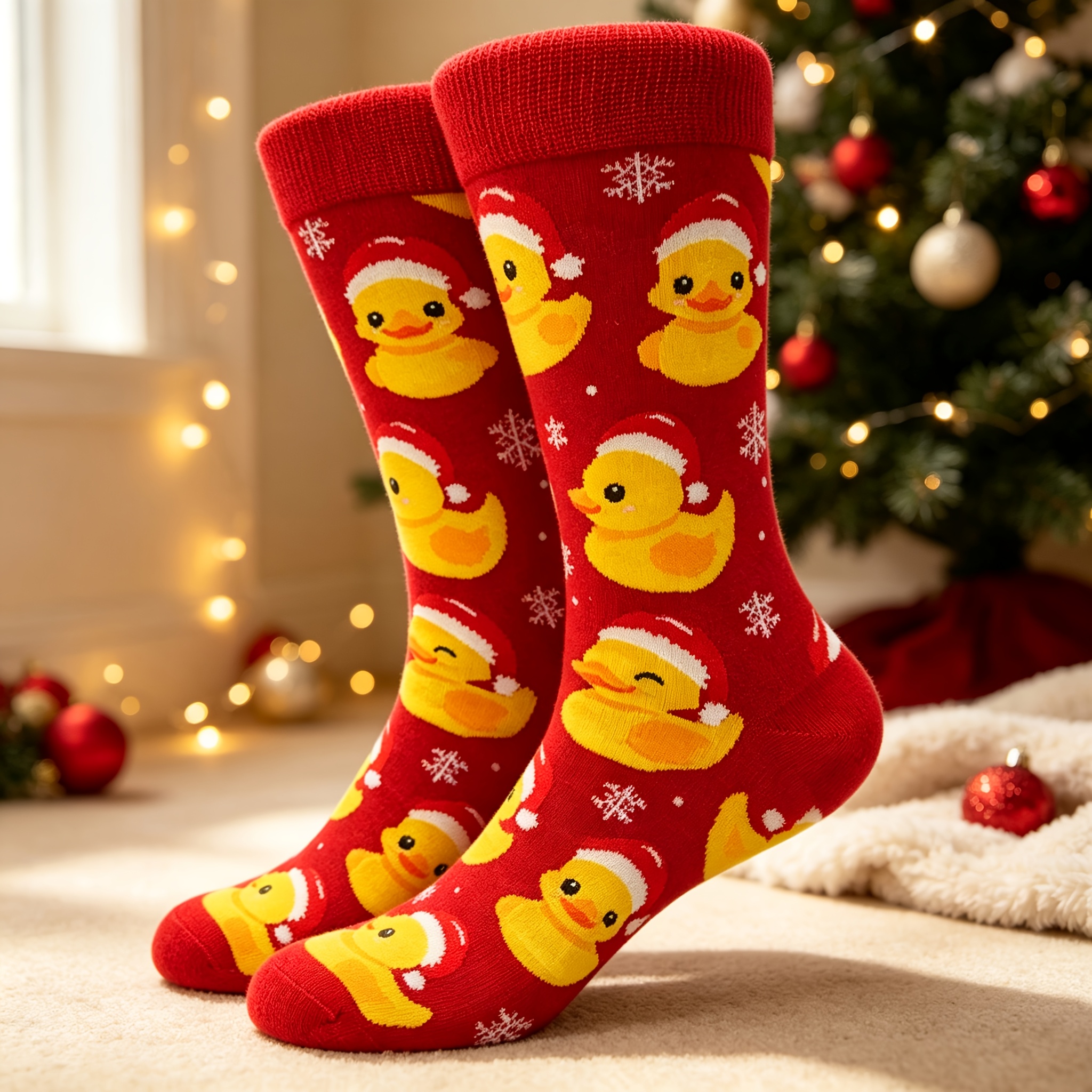 TEMU 1 Pair Christmas Little Yellow Duck Theme Mid-calf Socks, Red Background With Snowflake Print, Soft And Skin-friendly, Full Of Festive