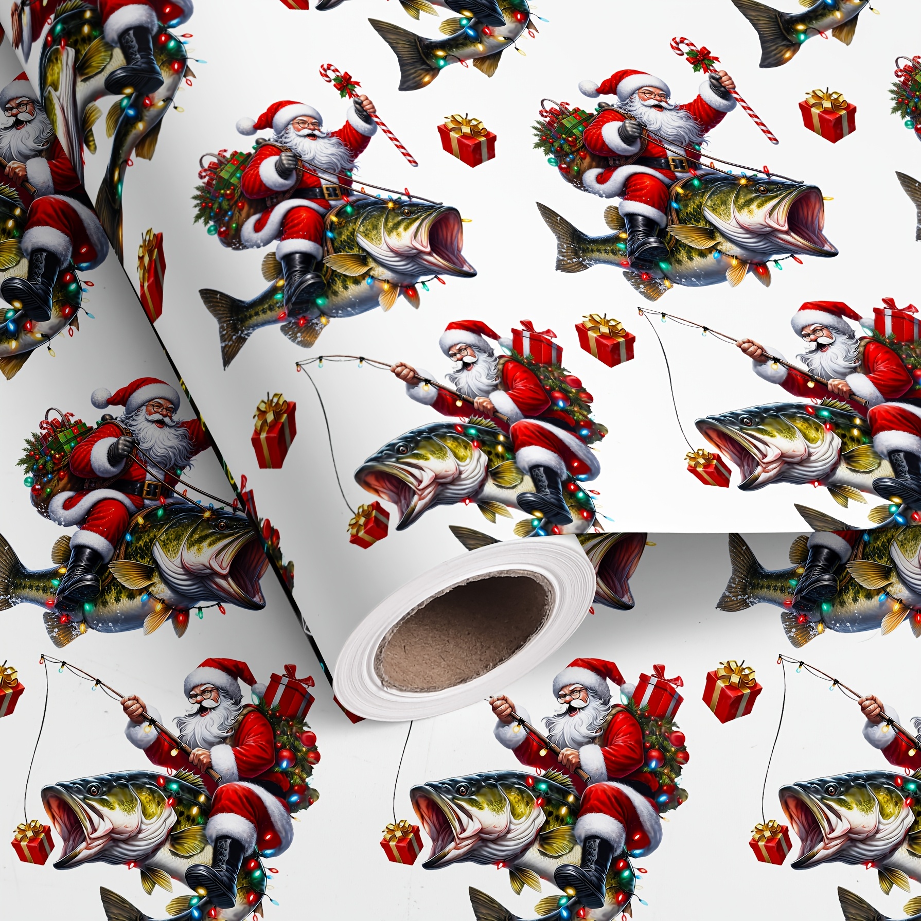 TEMU 1 Rouleau de Blanc de Noël Père Noël Pêchant - Motif Père Noël Pêchant un Poisson, Boîte Cadeau, pour Noël, Fêtes, Nouvel An - 17 po x 236 po (6