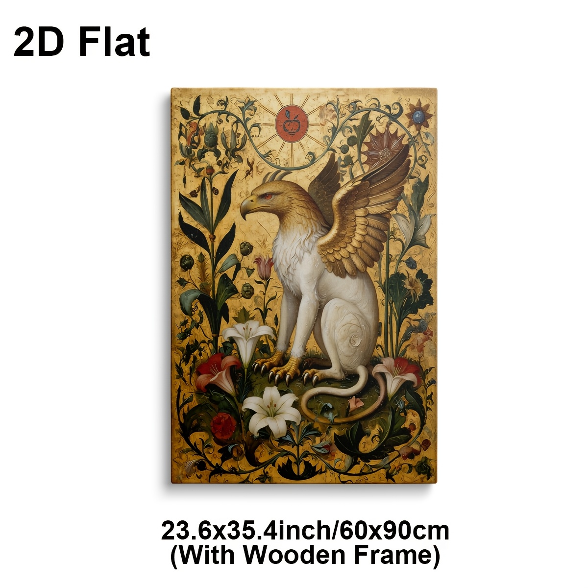 TEMU 2d Flat, 2d Flat, 2d Flat 1pc Framed Canvas Wall Art With Mythical Creature And Floral Pattern 2d Flat Print Poster Art Decorative Home Office