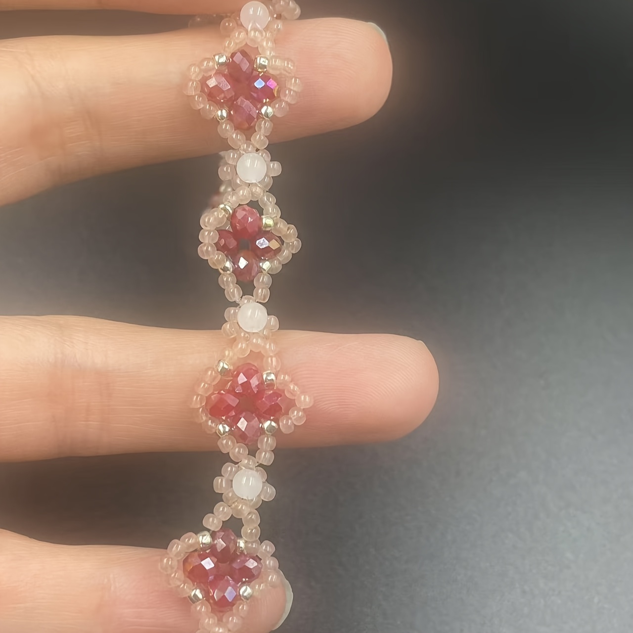 Adjustable Glass Bead Bracelet with Pink & Red Accents