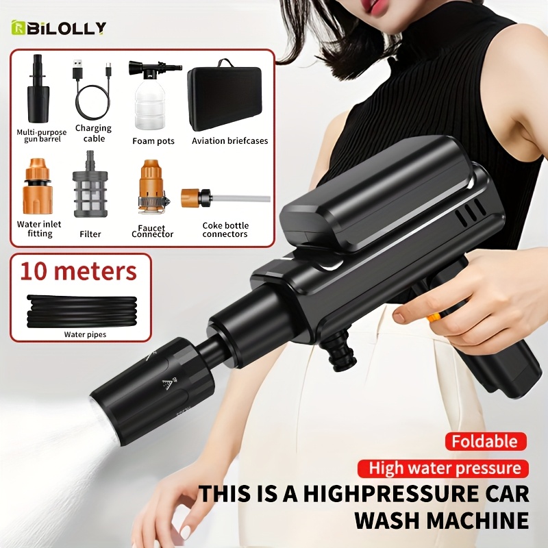 TEMU Portable Cordless High-pressure Electric Car Washer Accessories, With 3 4000mah Lithium Batteries, 5m And 10m Hoses, Portable Car Washing
