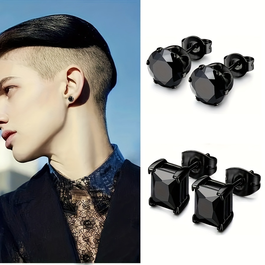 

4pcs Stainless Steel Earrings, Men's Cubic Zirconia Stud Earrings
