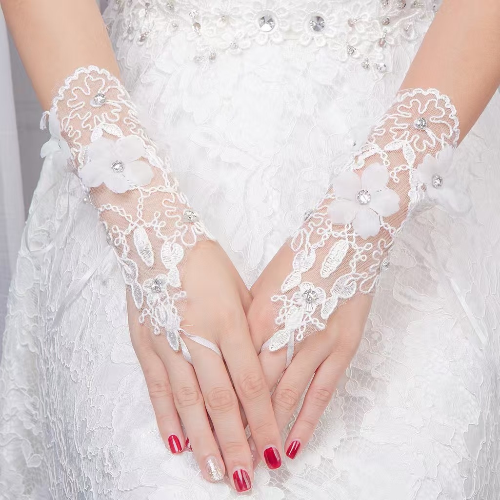 TEMU 【商品名】ブライダル グローブ レース ハンド アウト フックフィンガー フラワー ラインストーン デコレーション 結婚式 グローブ