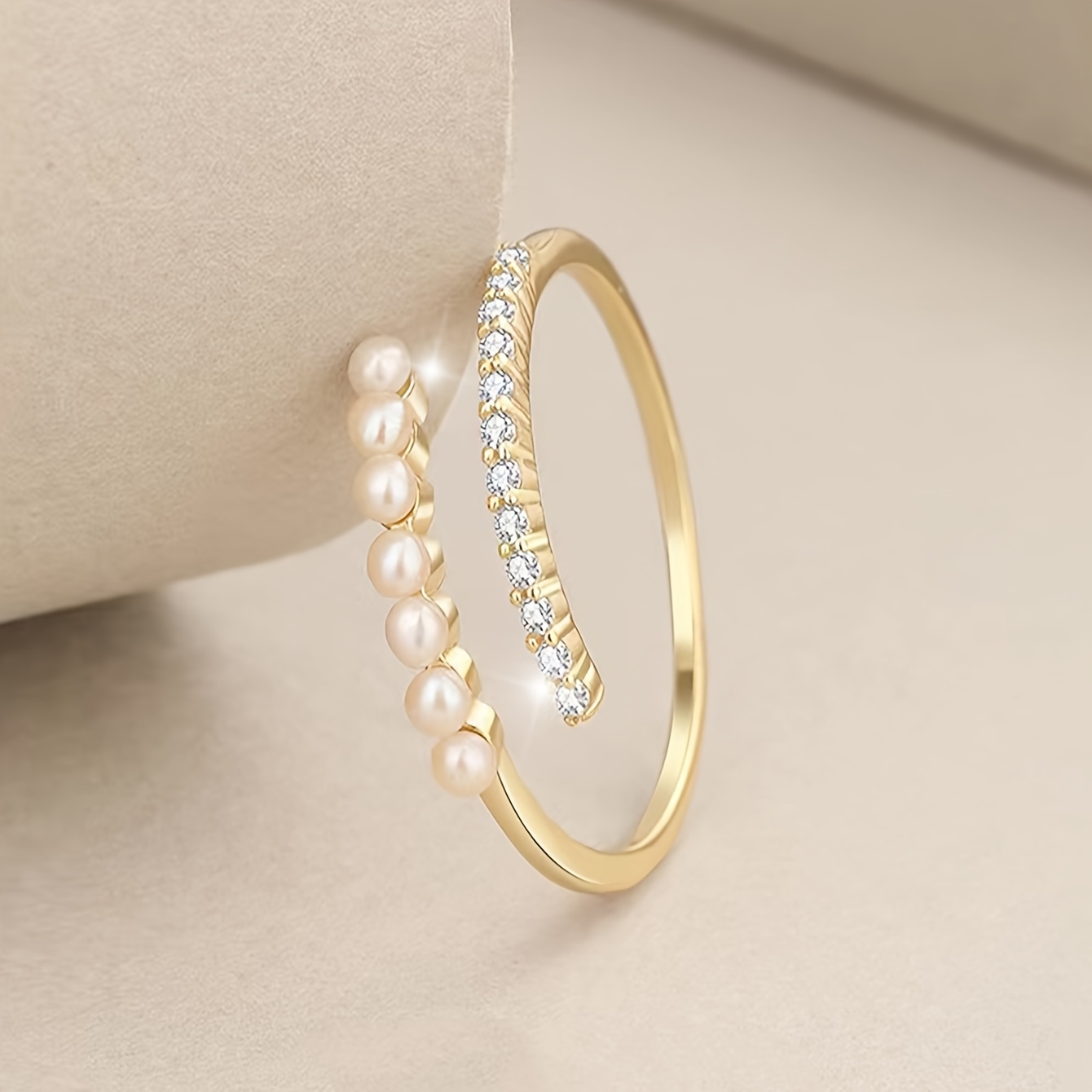 

Vintage & Vacation Style Adjustable Copper Ring With Zirconia Inlay And Imitation Pearls For Women - All-season Elegant Open Band Jewelry For Daily, Business, And Party Wear