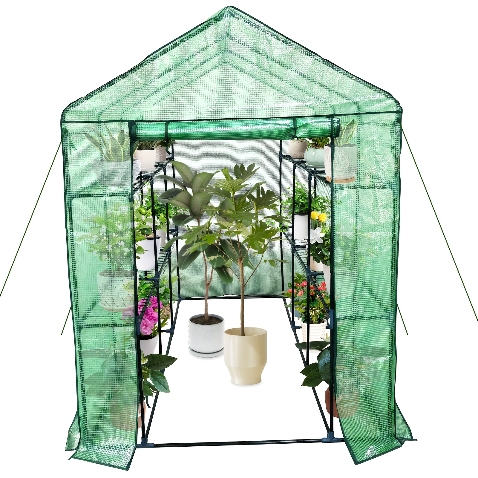 56"x83"x75" Walk-in Greenhouse With 8 Shelves, Reinforced With Pe Mesh Cover, Roll-up Windows & Zipper Door, Weather-resistant , Assembly, Perfect For Backyard Patio And Garden