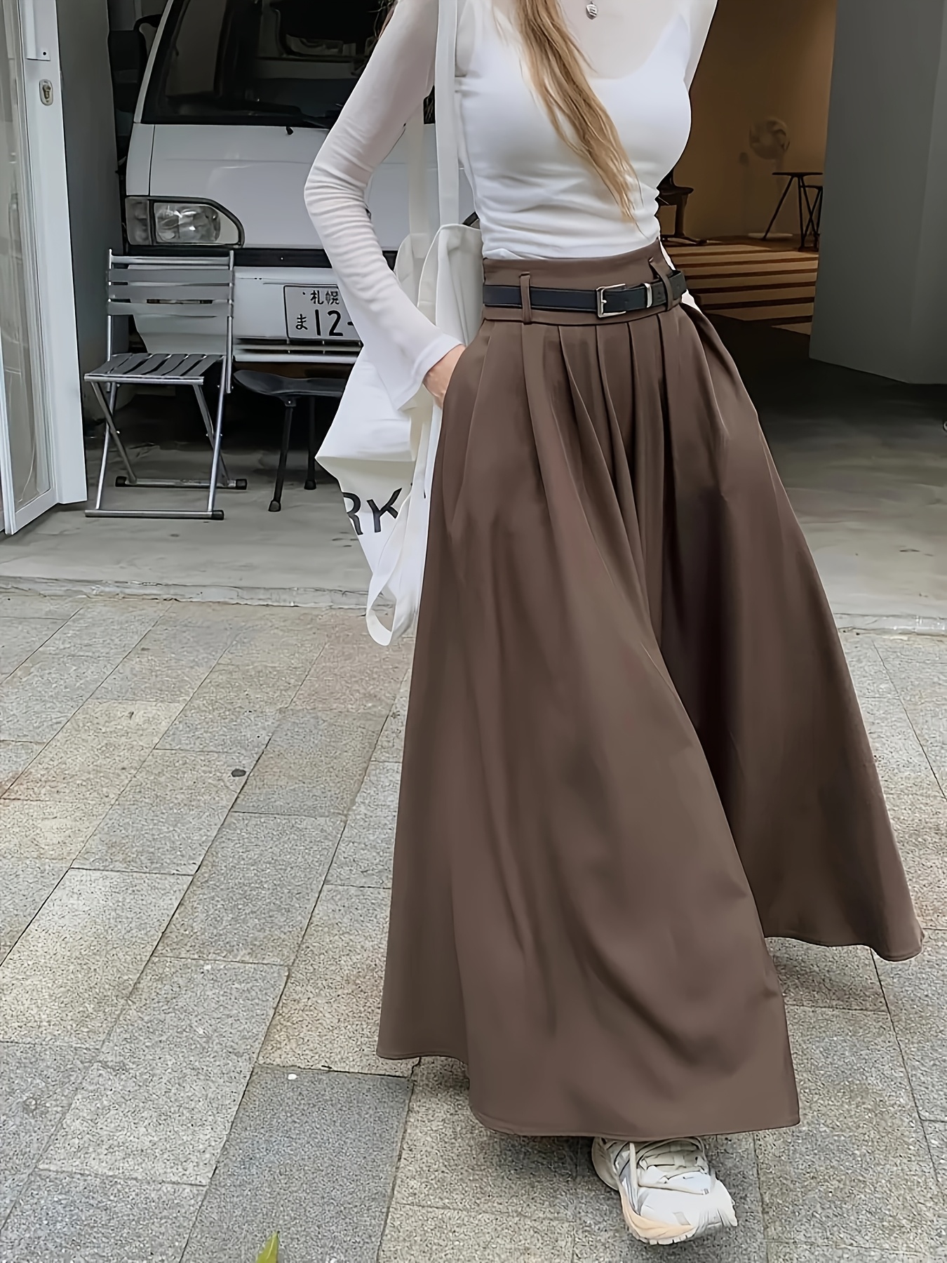 womens high waist a line skirt loose fit solid brown flared Temu