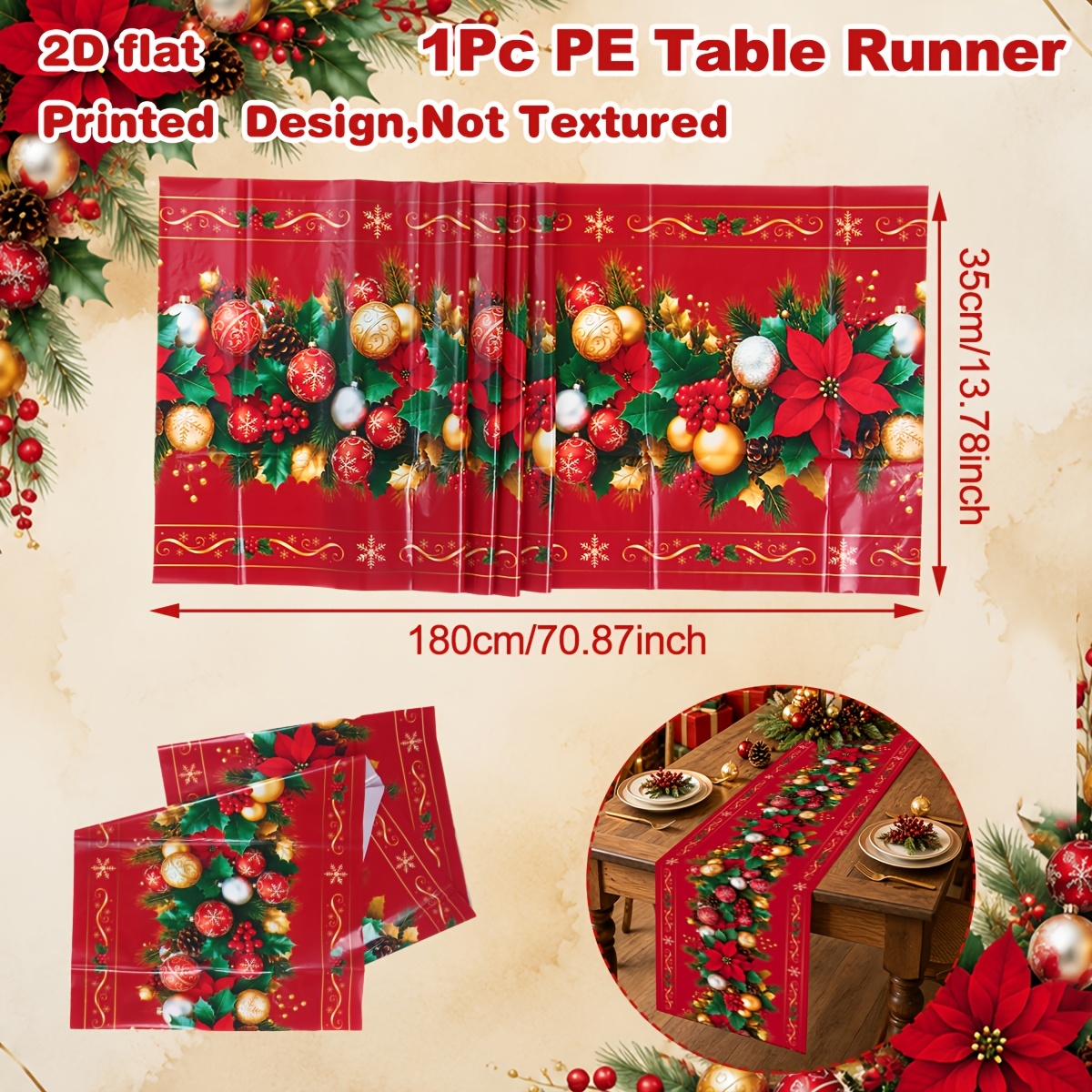 TEMU 1 stuks, Rode Kerstthema PE Tafelkleed, 180 x 35 cm, Wijnrank PE Tafelvlag, Vrolijke Kerstfeest Decoraties, Kerstfeest Huisdecoratie, Noel Natal
