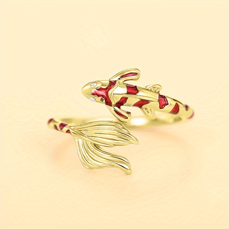 Creative Red Enamel Koi Open Adjustable Ring - Birthday Gift For Girls