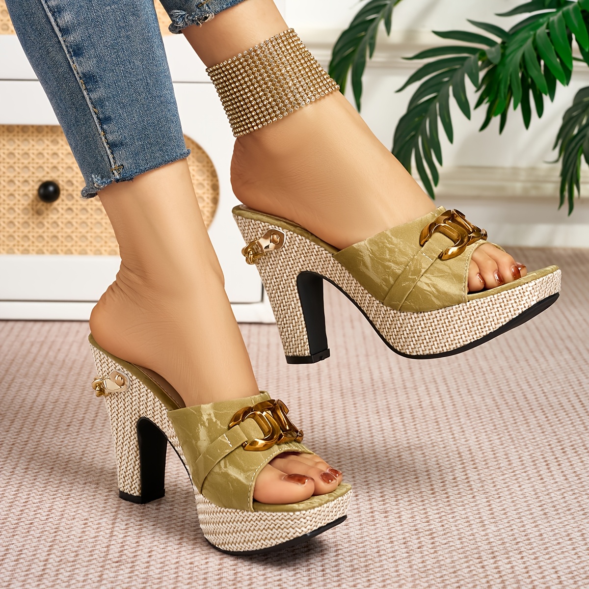 elegant womens metal   chunky heel outdoor high heel sandals women shoes Product details 1