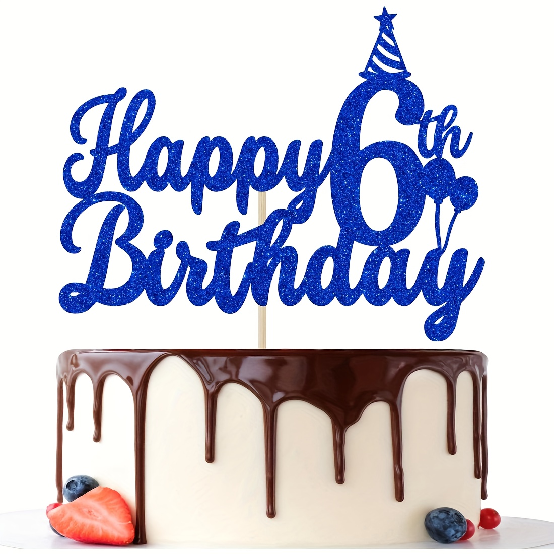 1pc Happy 6th Birthday Cake Topper, 6th Birthday Cake Decor, For 6 Year Old Party Decorations Blue Glitter