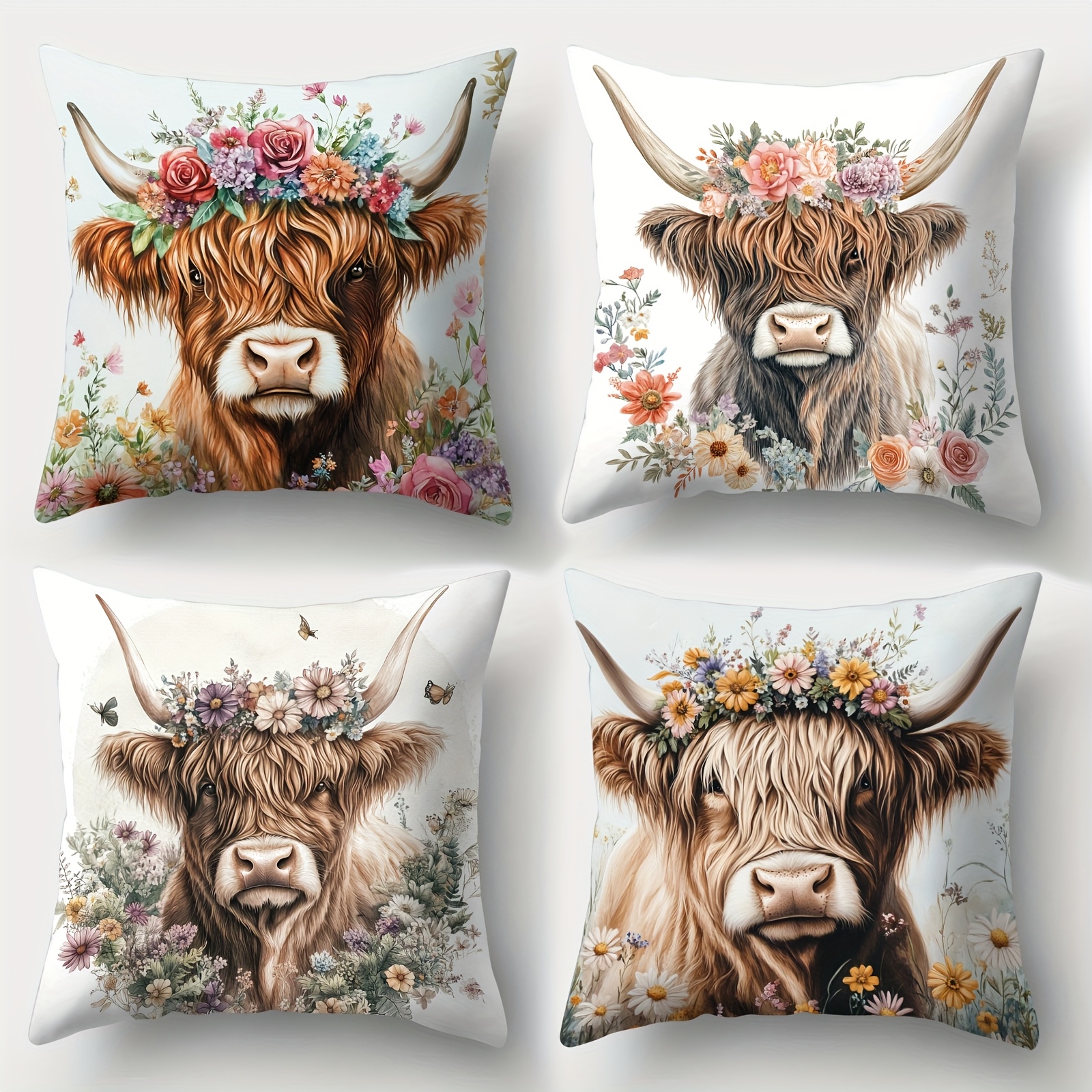 TEMU Ensemble de 4 housses de coussin Art Vache Highland, parfaites pour la décoration festive du canapé, la décoration intérieure, l'embellissement
