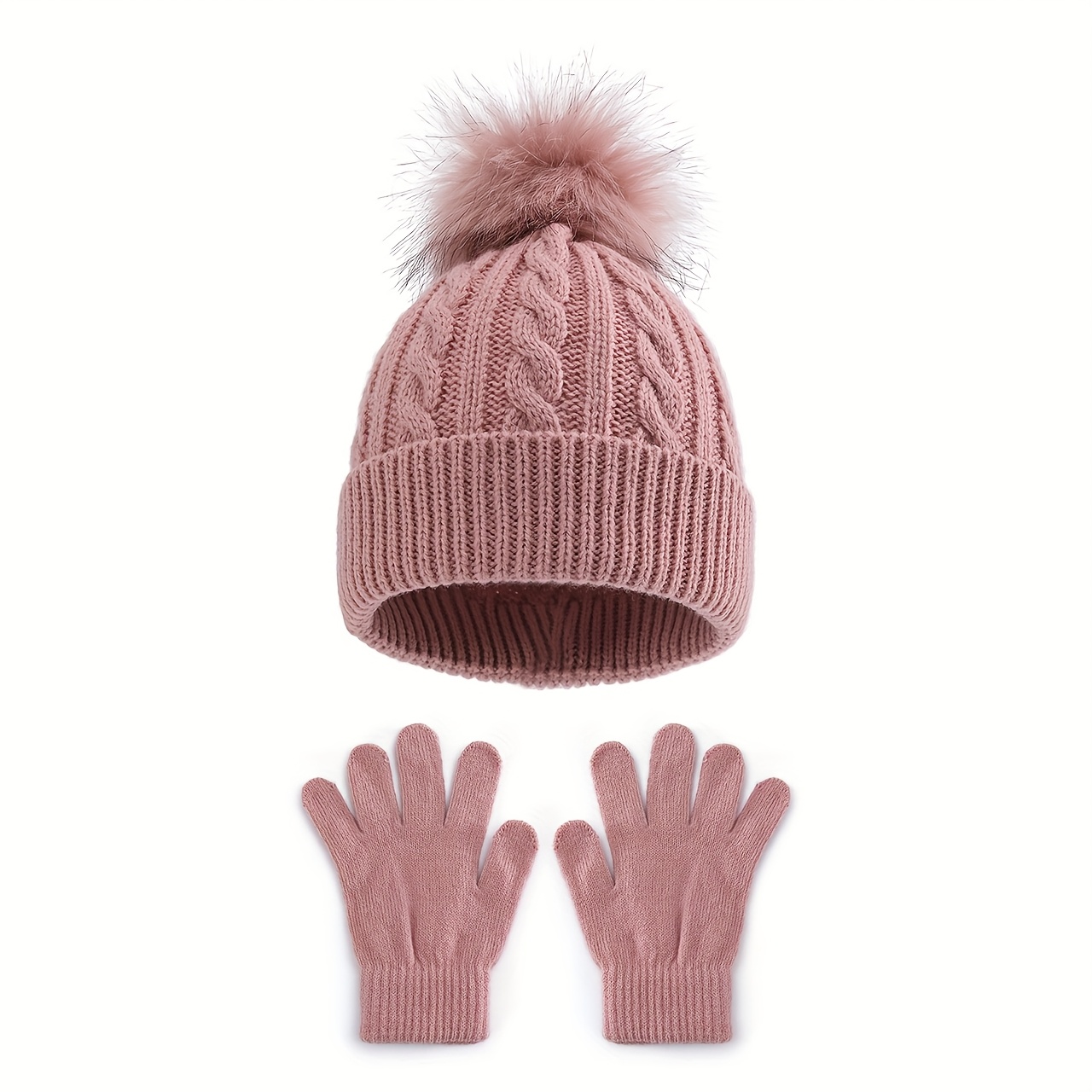 Image of 3-8 Years Old 's Hat And Gloves 2pcs Set, Striped Cable Knit Single Ball Brimless Knitted Hat And Gloves Set, Outdoor Warm Daily Casual, Ski Hat And Gloves Combo, Washable