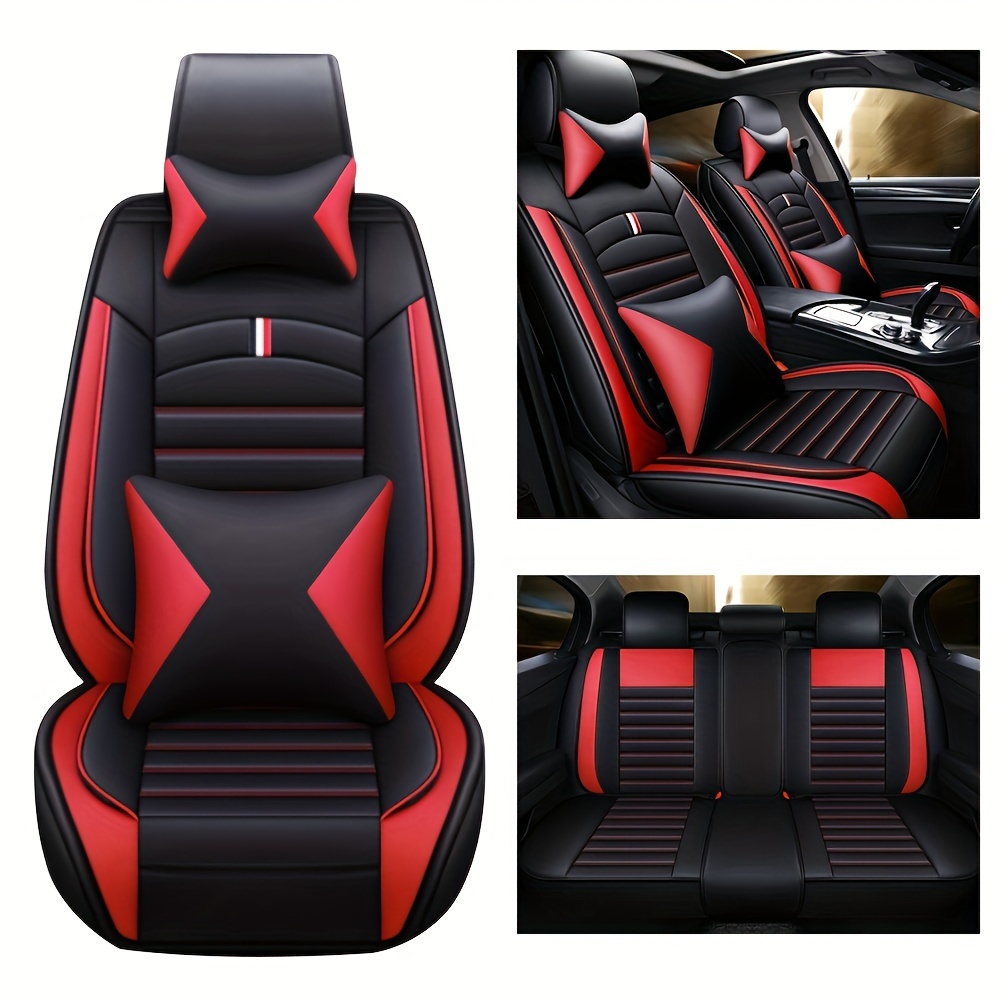 5 Seater Seat Covers Pu Genuine Faux Leather 2 Headrests Lumbar Pillows Fits Most Cars Suvs Trucks Airbag Compatible Waterproof Breathable