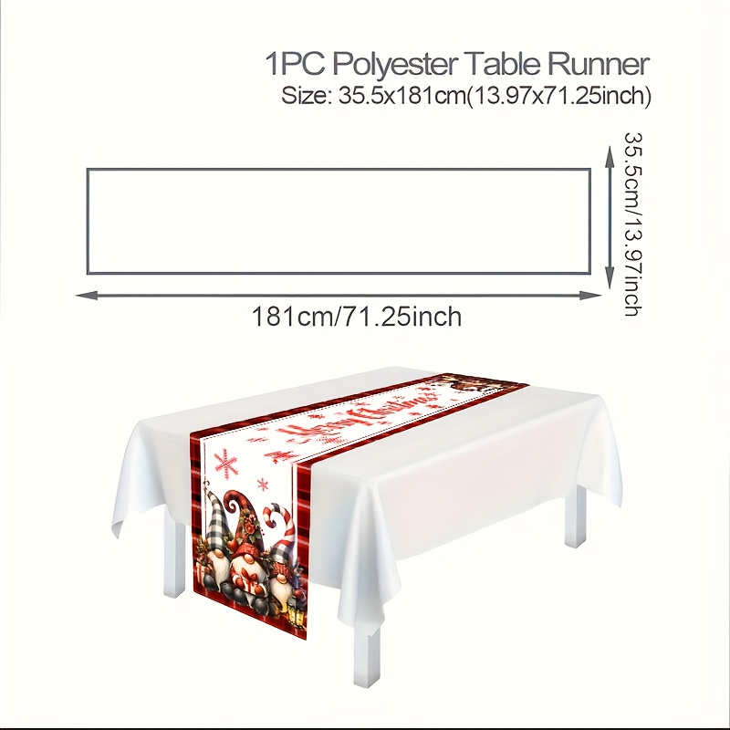 Image of 1pc Christmas-themed Table Runner, Featuring A Design With 3 Gnomes And "merry Christmas". Made Of Polyester, Suitable For Christmas Parties And Tabletop Decorations. Kitchen And Dining Decor