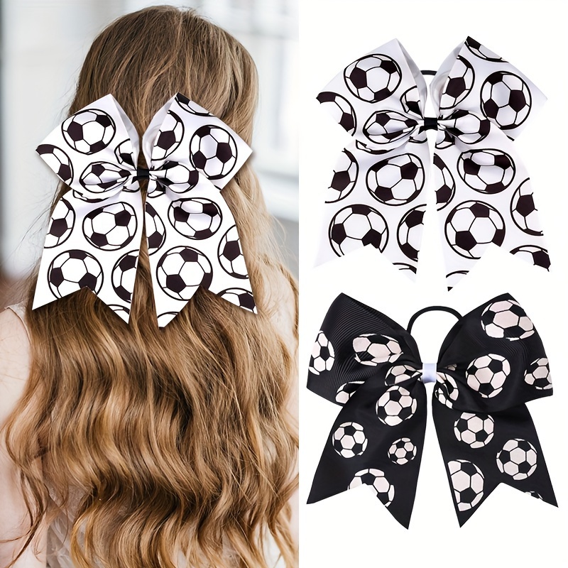 

2pcs Soccer Bow Hair Ties For Girls - Black & White Cheerleader Ponytail Holders, Knit Fabric, Football, Knot, Large Bow