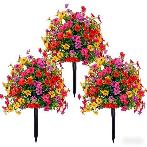 3pcs vibrant multicolor mixed artificial flowers with ground stakes uv resistant outdoor faux plants suitable for home indoor and outdoor weddings and housewarming birthday party decorations housewarming decor outdoor garden decoration
