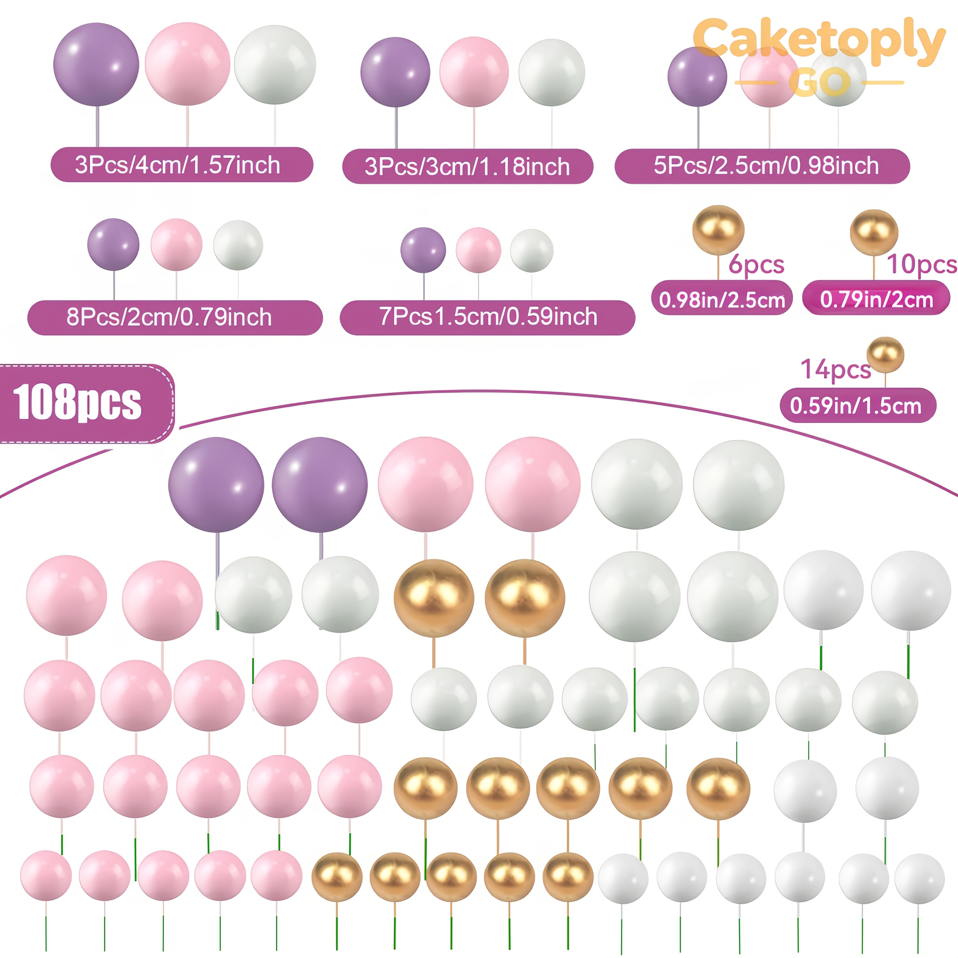 TEMU Caketoply Go 108pcs Pink, Purple, White & Golden Graduation Cake Ball Toppers – Foam Balloon Diy Inserts For Cupcakes, Ideal For Wedding