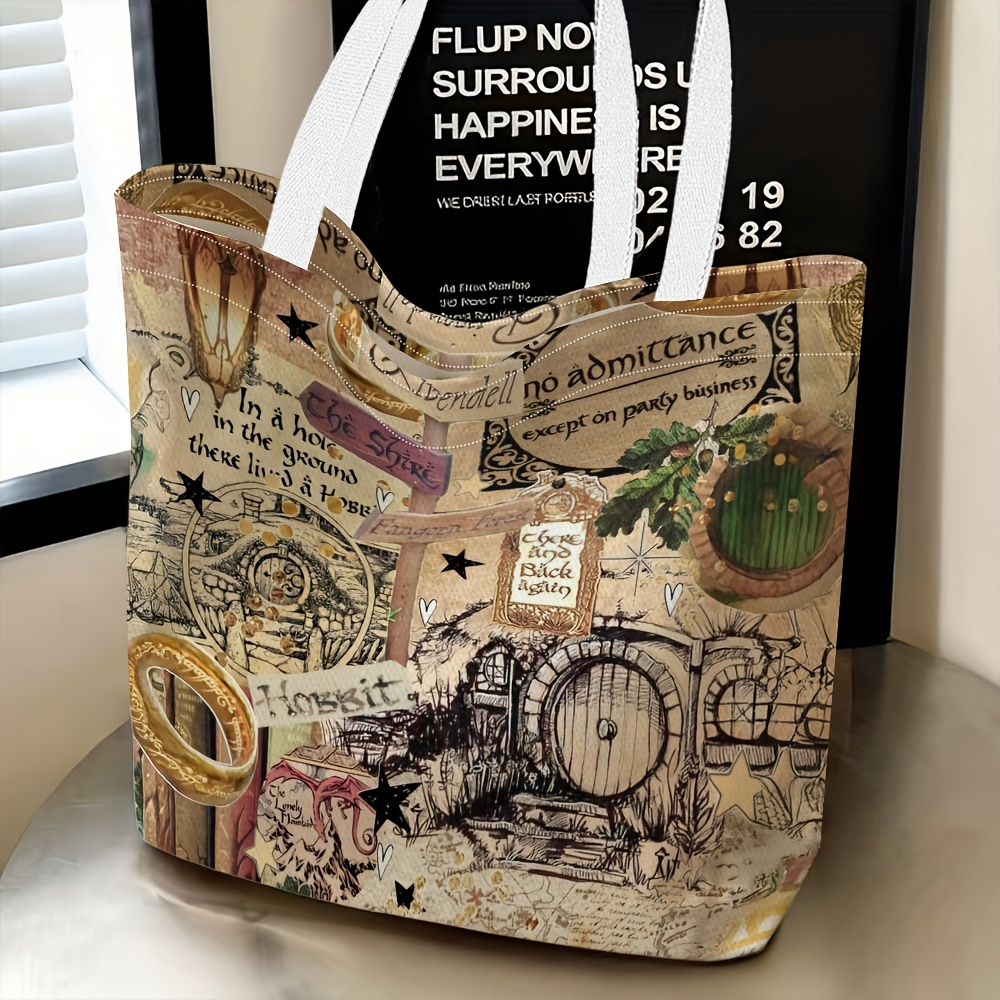 TEMU 1pc Wb Women's Shoulder Bag - Iconic Lotr Themed Tote With , & Collage Print, Lightweight Suitable For Travel,, Gifts, Parties, Birthday Present