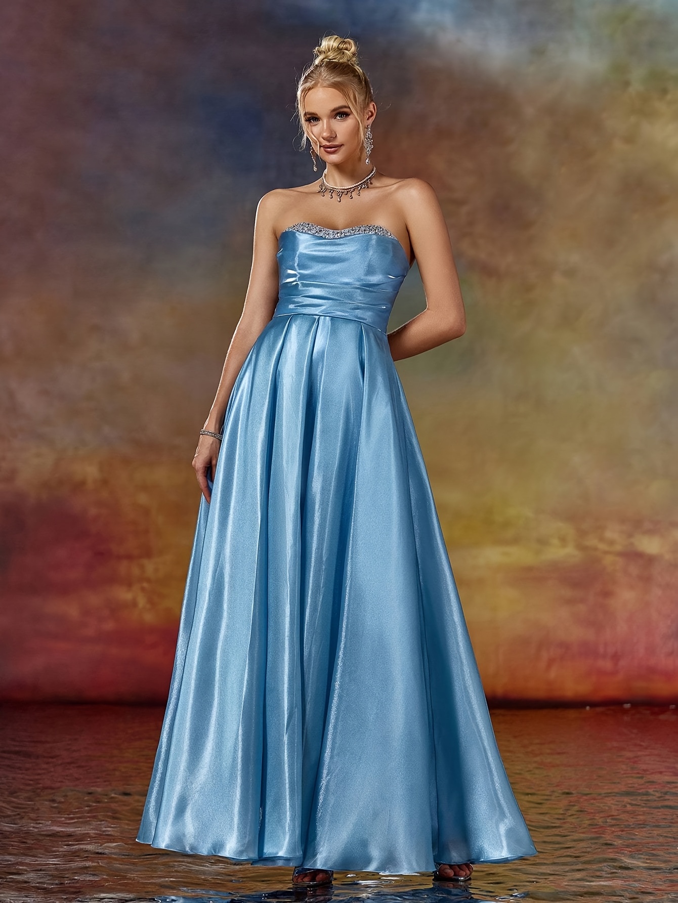 blue satin strapless wedding guest dress women elegant - Temu Bahrain