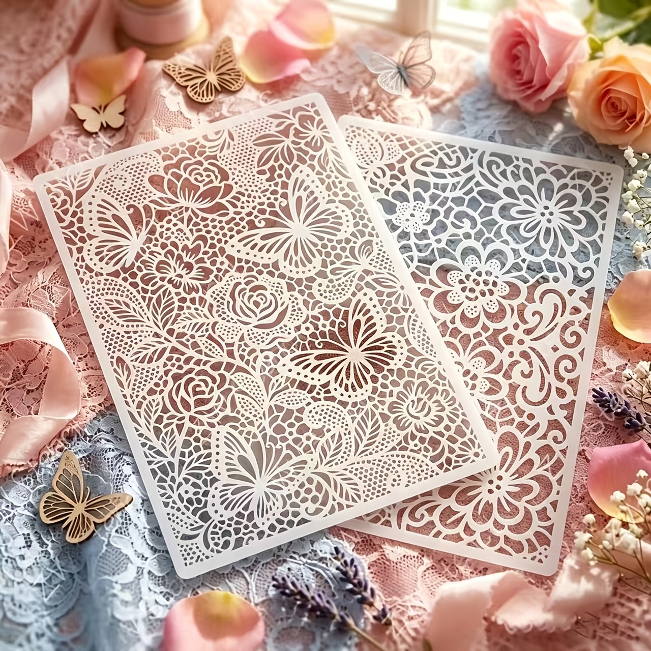 TEMU Lot de 2 pochoirs réutilisables A4 en dentelle pour peinture DIY, scrapbooking, estampage sur tissu - avec modèles délicats de papillons et de