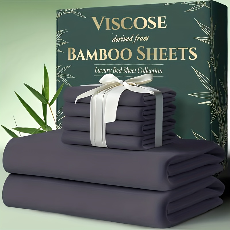 TEMU Extra Deep Pocket Bamboo Sheets - 4/6pcs Breathable & Cooling Bamboo Bed Sheet Set, Hotel Luxury Fitted Sheet Set, Soft Wrinkle-free For Extra