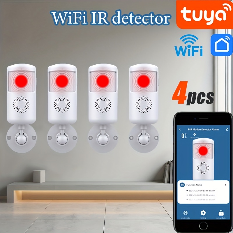 TEMU Set Of 4 Smart Wifi Infrared Motion Sensors, Mobile App Security Alarm, Wifi Enabled, Battery Operated, Ideal For Home, Apartment, Or Hotel