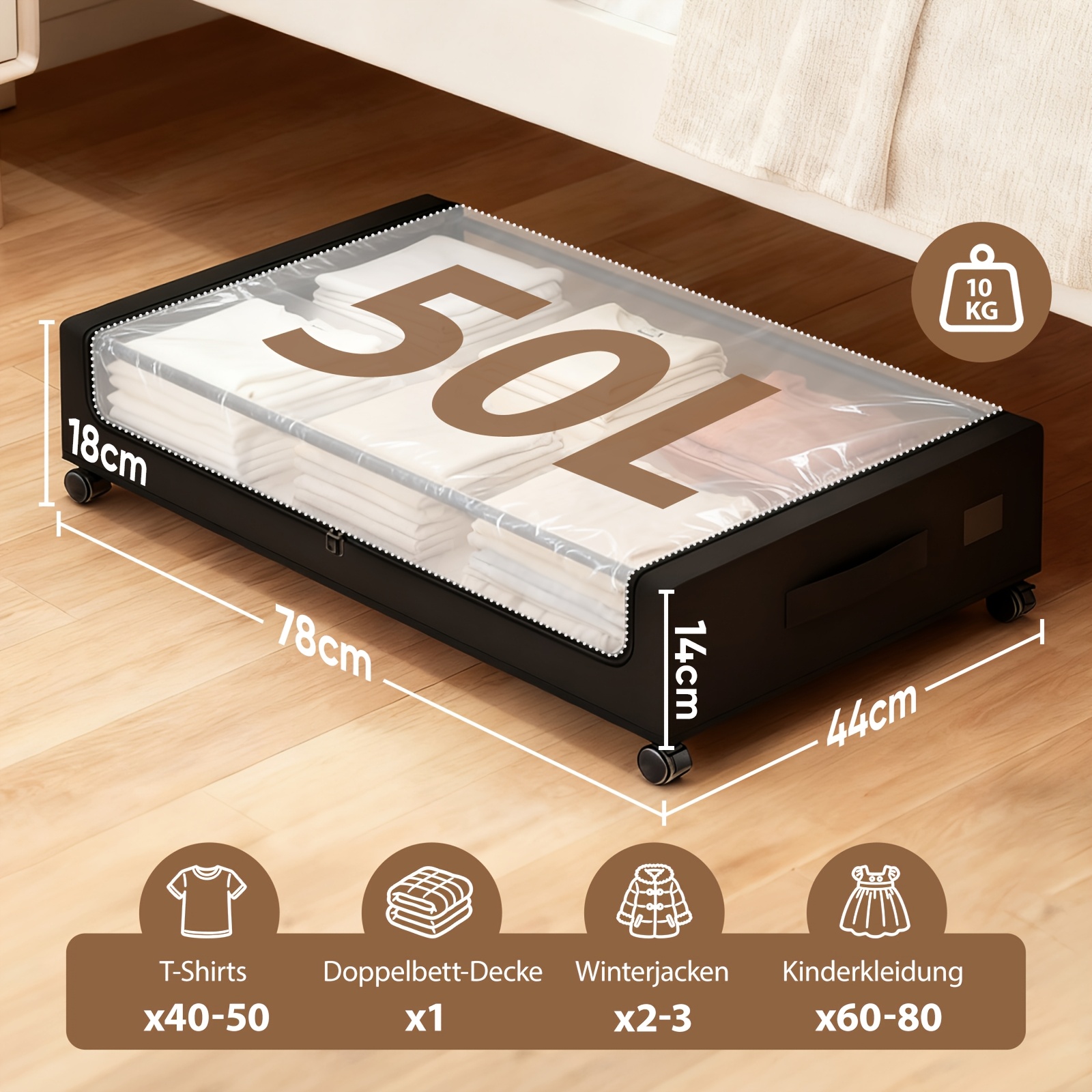 Image of Sekey 50l Underbed Storage Box With Castors | Wardrobe Organiser Storage , Metal Frame Transparent Lid, Rollable Bed Box For Clothes And Bedding, , Oxford Cloth Material, Under-bed Storage