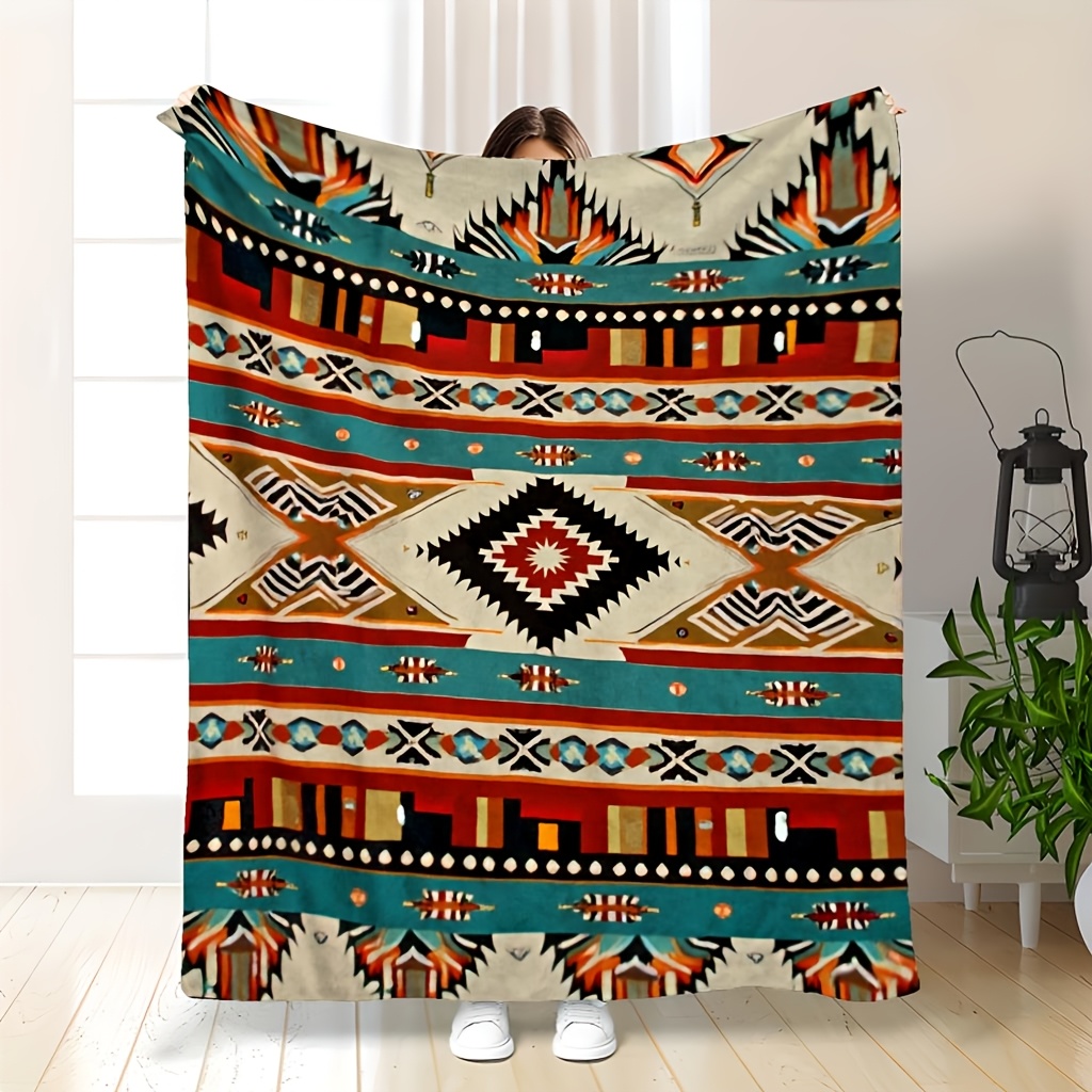 Image of Turquoise Flannel Blanket With Local American Tribal Patterns, Light Luxury And Throw Blanket, Suitable For , Ideal For Sofa Or Camping, Rich Tribal Style Home Decor, Soft And Skin-friendly