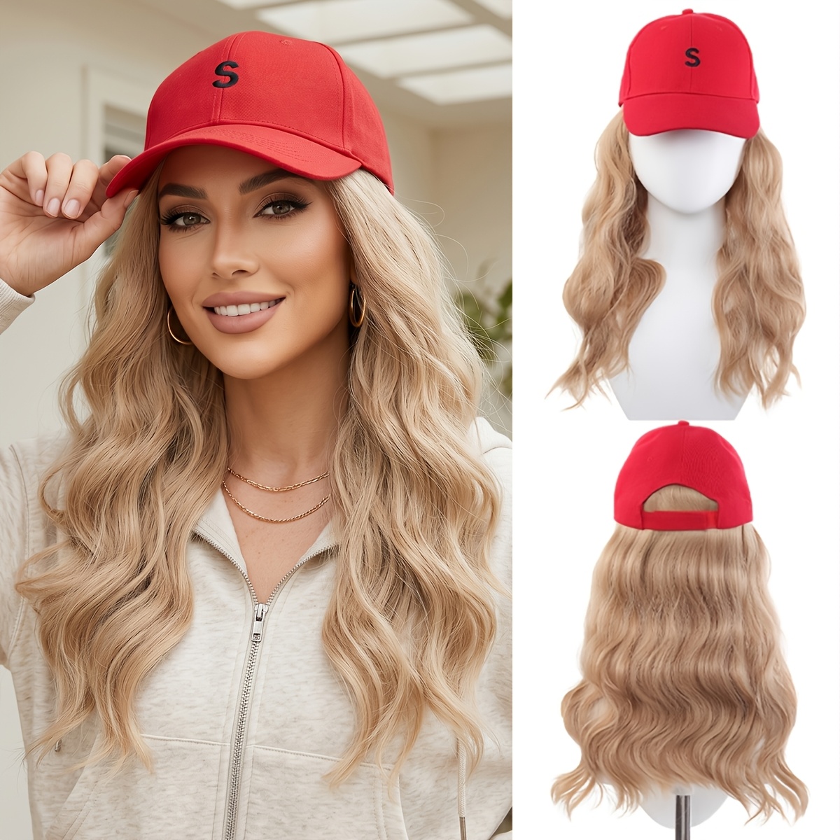 One-piece Wig With Long Curly Hair, Red Baseball Cap With Water Ripple Pattern, Bulk Wholesale