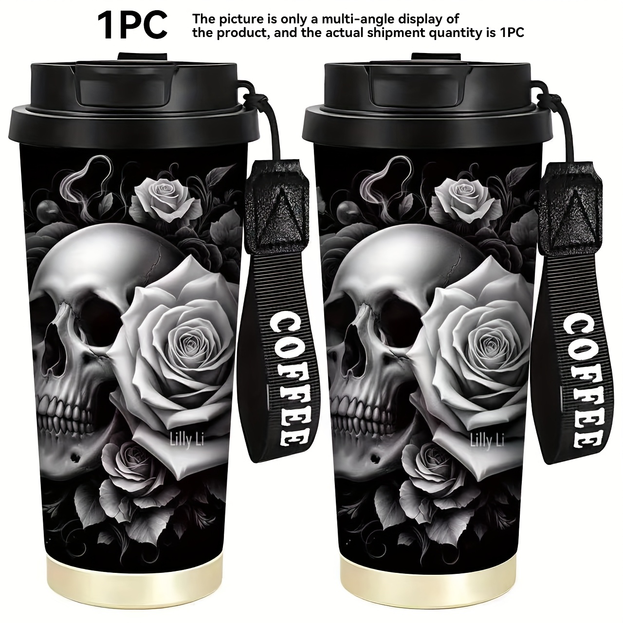 Image of 1pc 18oz Stainless Steel Insulated Travel Mug | And Rose Print Design, Spill-proof, Tumbler With Lid And Straw, Ideal For Outdoor, Travel, Work, And Home Use, Perfect For Birthday And Christmas Gifts