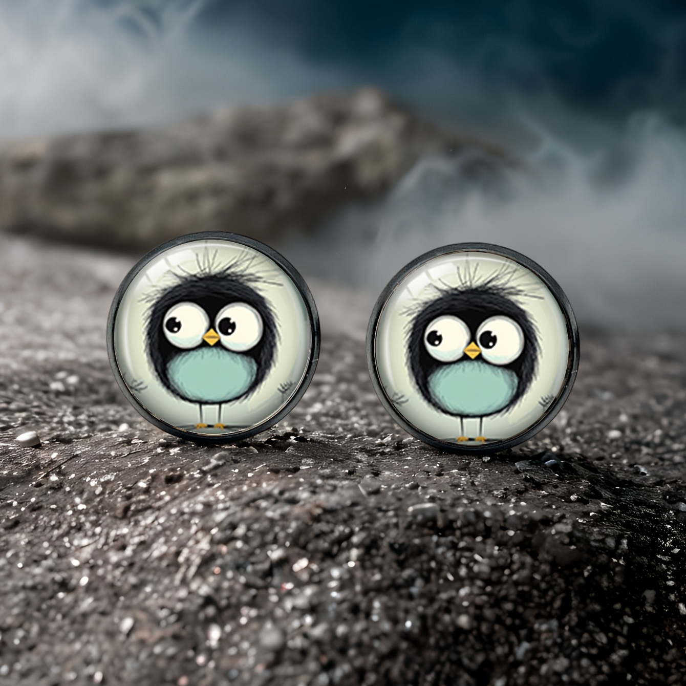 A Pair Of Vintage Cute Cartoon Bird Photos Round Stainless Steel Stud Earrings