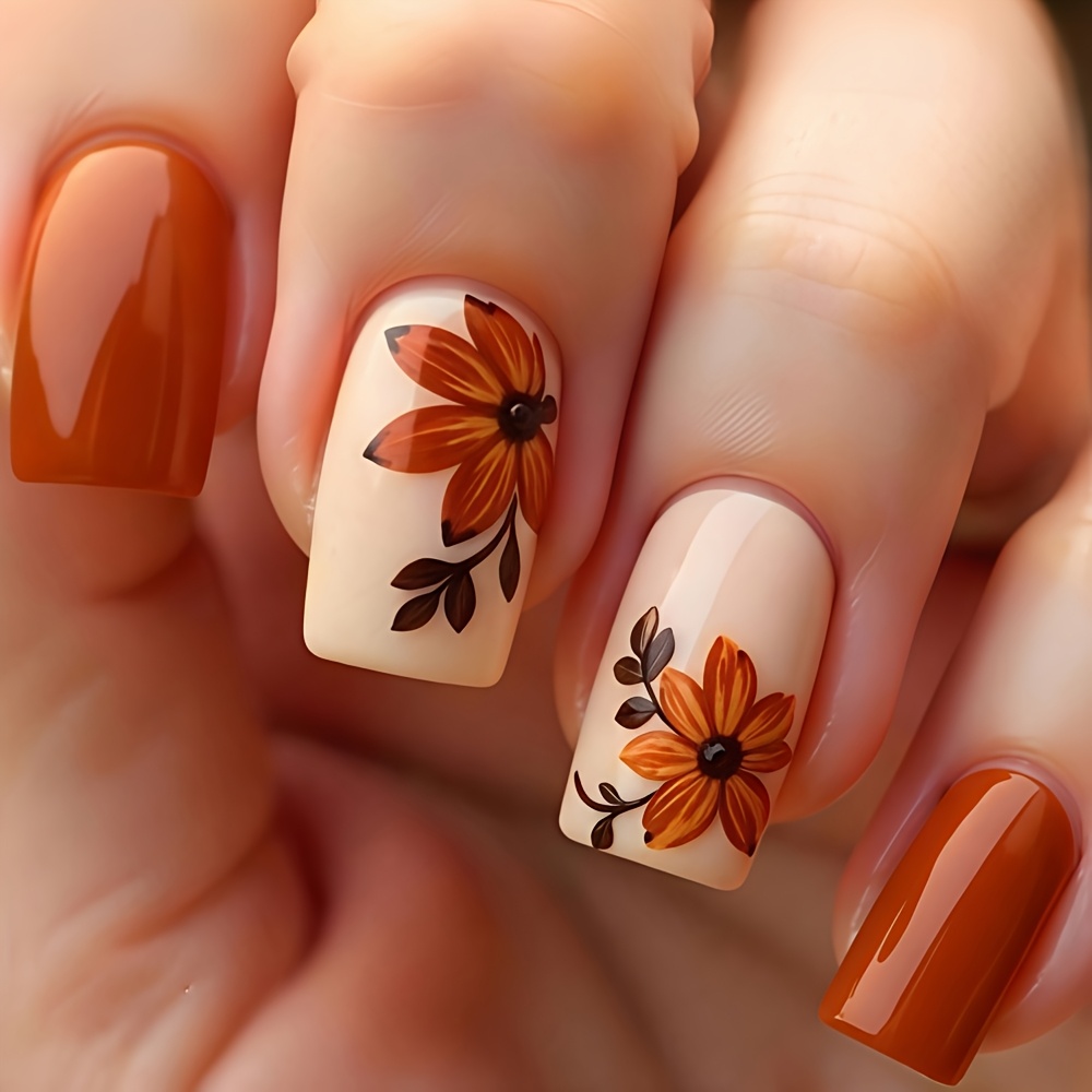 TEMU 24pcs Short Ballet Press-on Nails Suitable For - Caramel Hand-painted Sunflower Nail Art With Nude Base, Glossy Detachable Nails For Daily Wear,