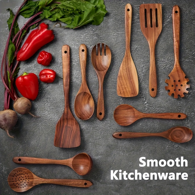 10  wooden kitchen utensils set ergonomic handles natural wooden spoons   ladle and wok spatulas for non stick pans heat resistant easy to clean and durable kitchen essentials cookware accessories
