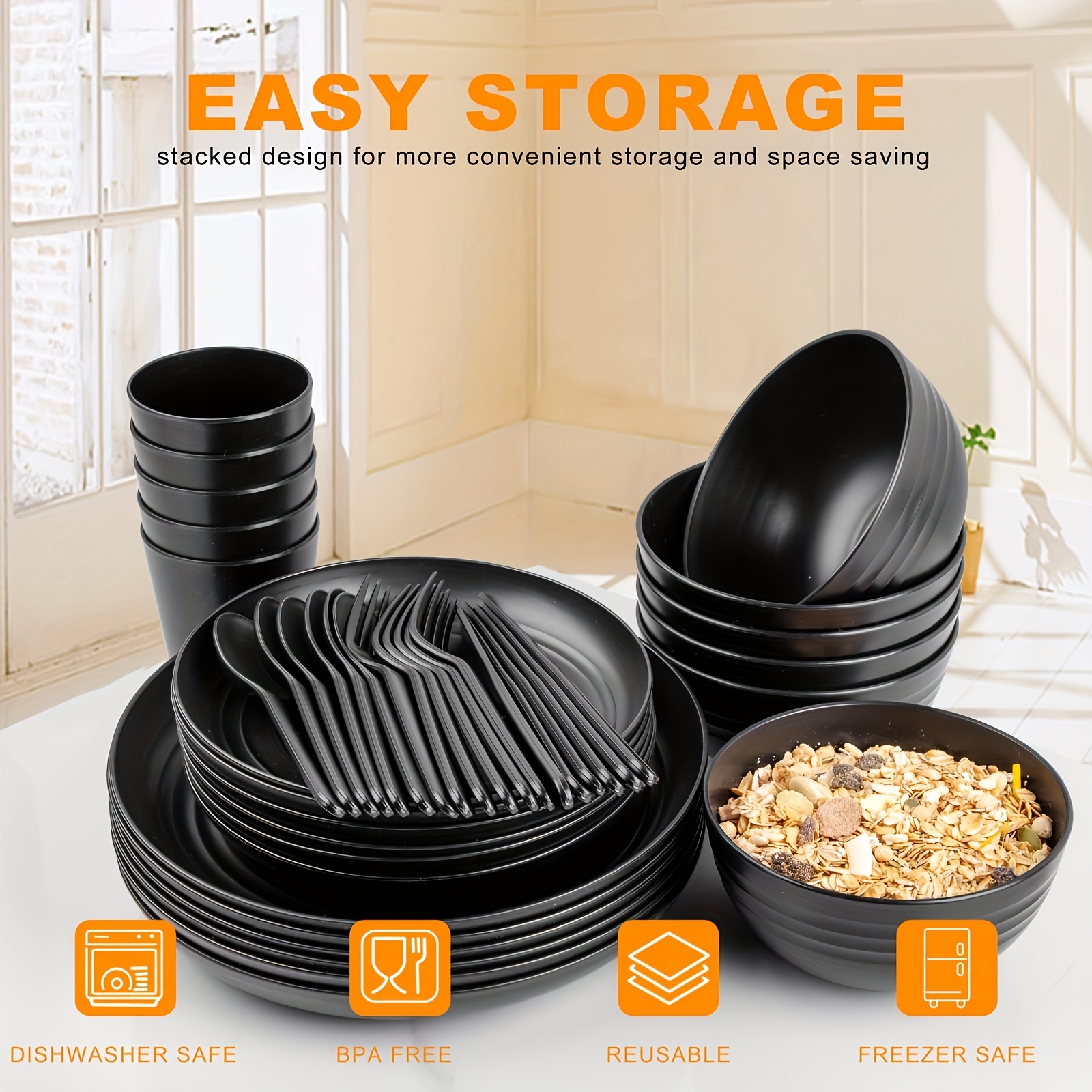 black plastic tableware set plates bowls cups - Temu Nigeria
