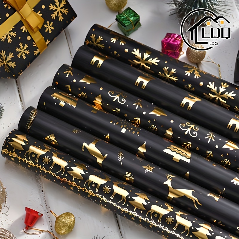 

Ldq 6pcs Christmas Foil Wrapping Paper - Mini Rolls, 19.7" X 27.5" Each - Golden & Black Reindeer Design For Holiday Gifts, Birthdays, Showers