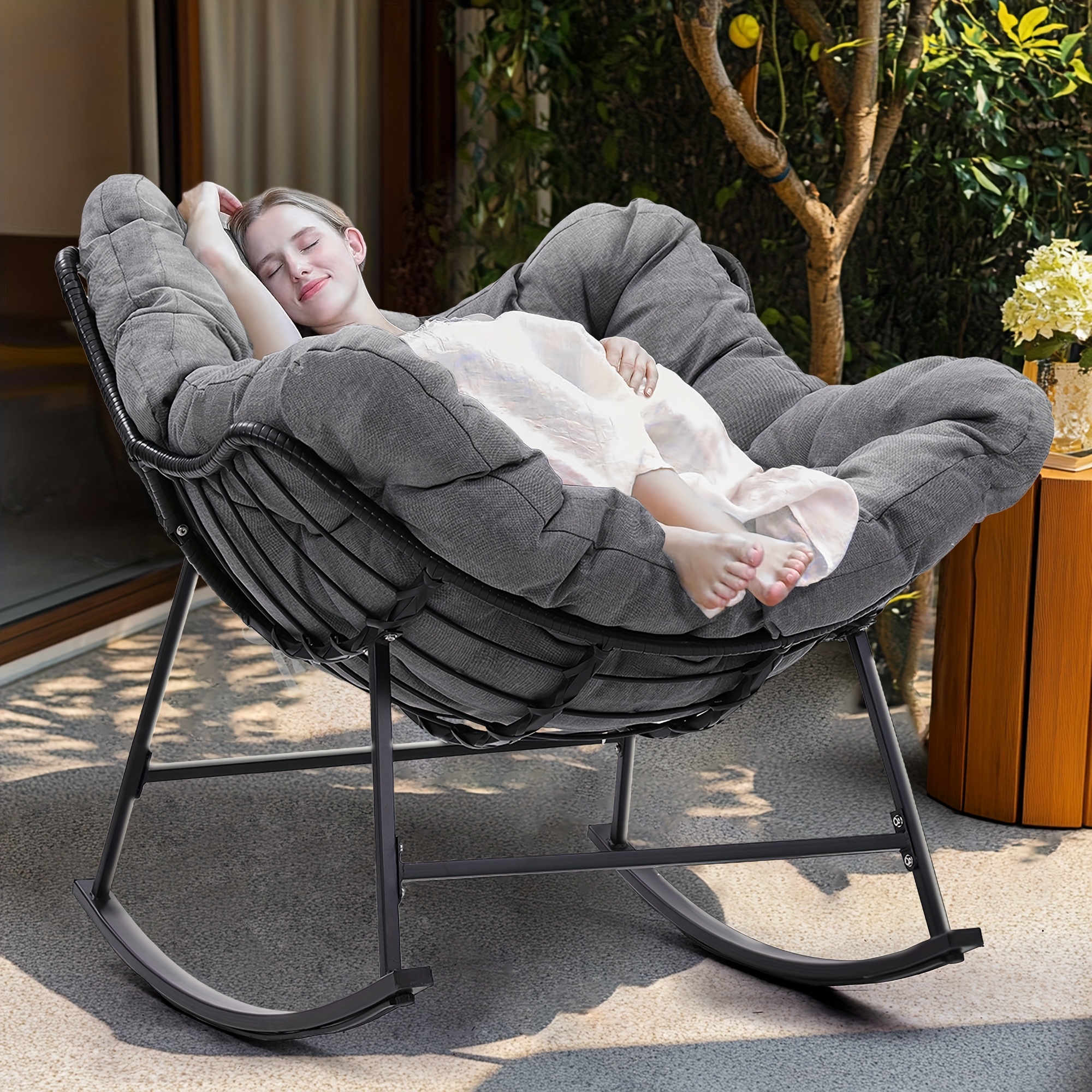 egg style papasan wicker rocker modern extra wide size for extra     rattan frame and thick all weather cushion   your patio porch or balcony Product details 1
