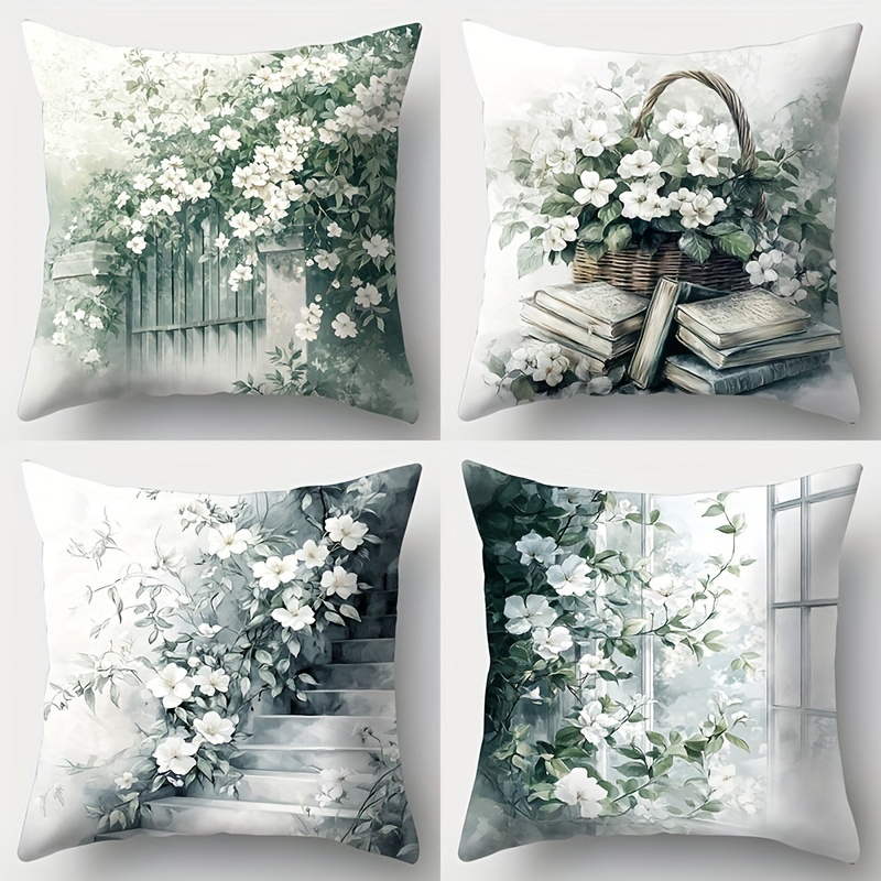 

Contemporary 4pcs Throw Pillow Set With Green Leaves & White - Zippered Polyester Covers, Machine Washable - Living Room Sofas & Bedroom Decor