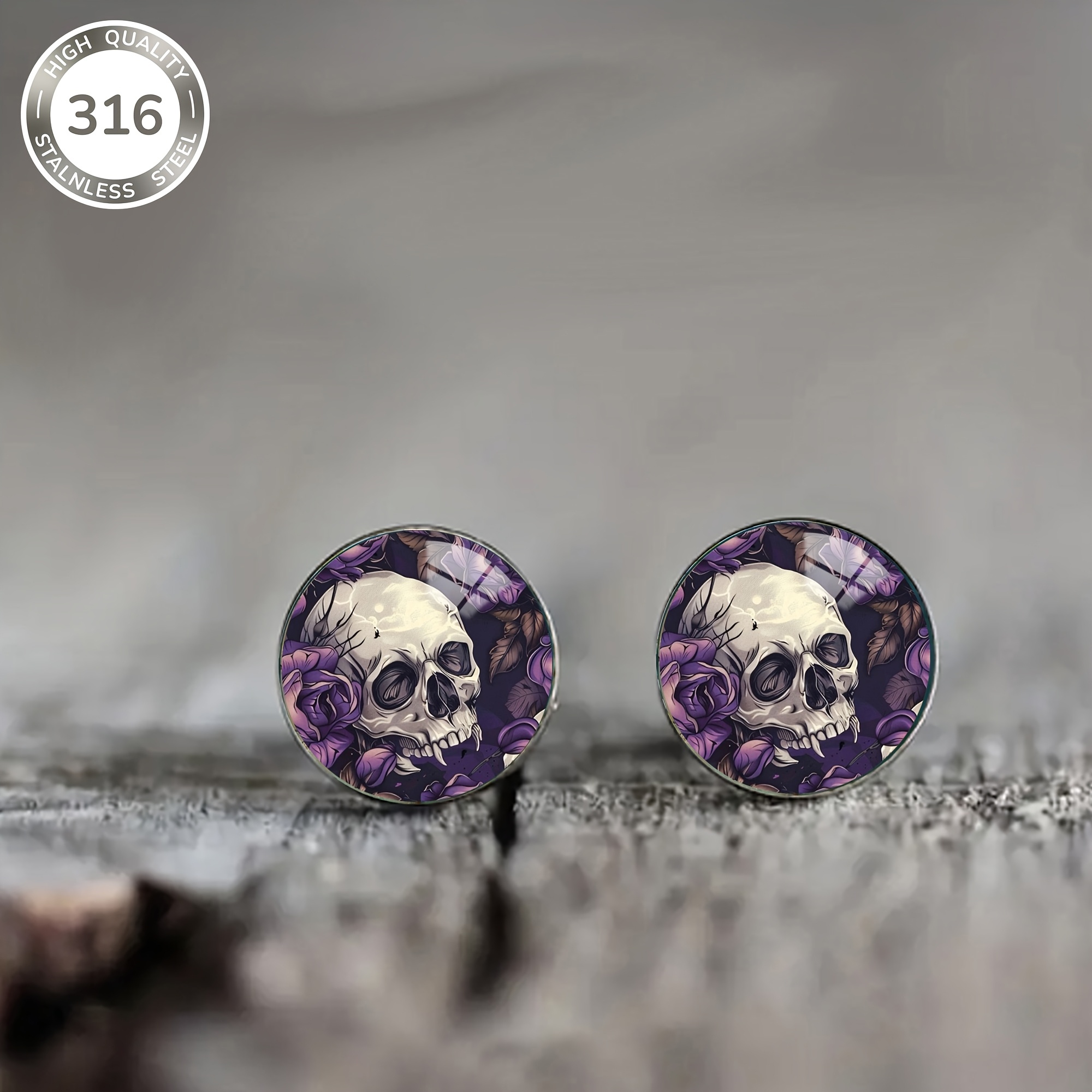 1 Pair Of Purple Rose Skull Pattern Steel Ear Studs, Gothic Mysterious Style Earrings For Men And Women, Suitable For Daily Wear And Parties