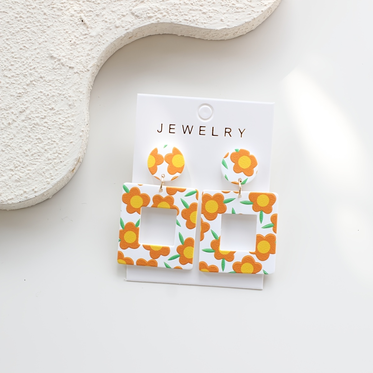 White Hollow Square Floral Acrylic Drop Earrings, Elegant Design