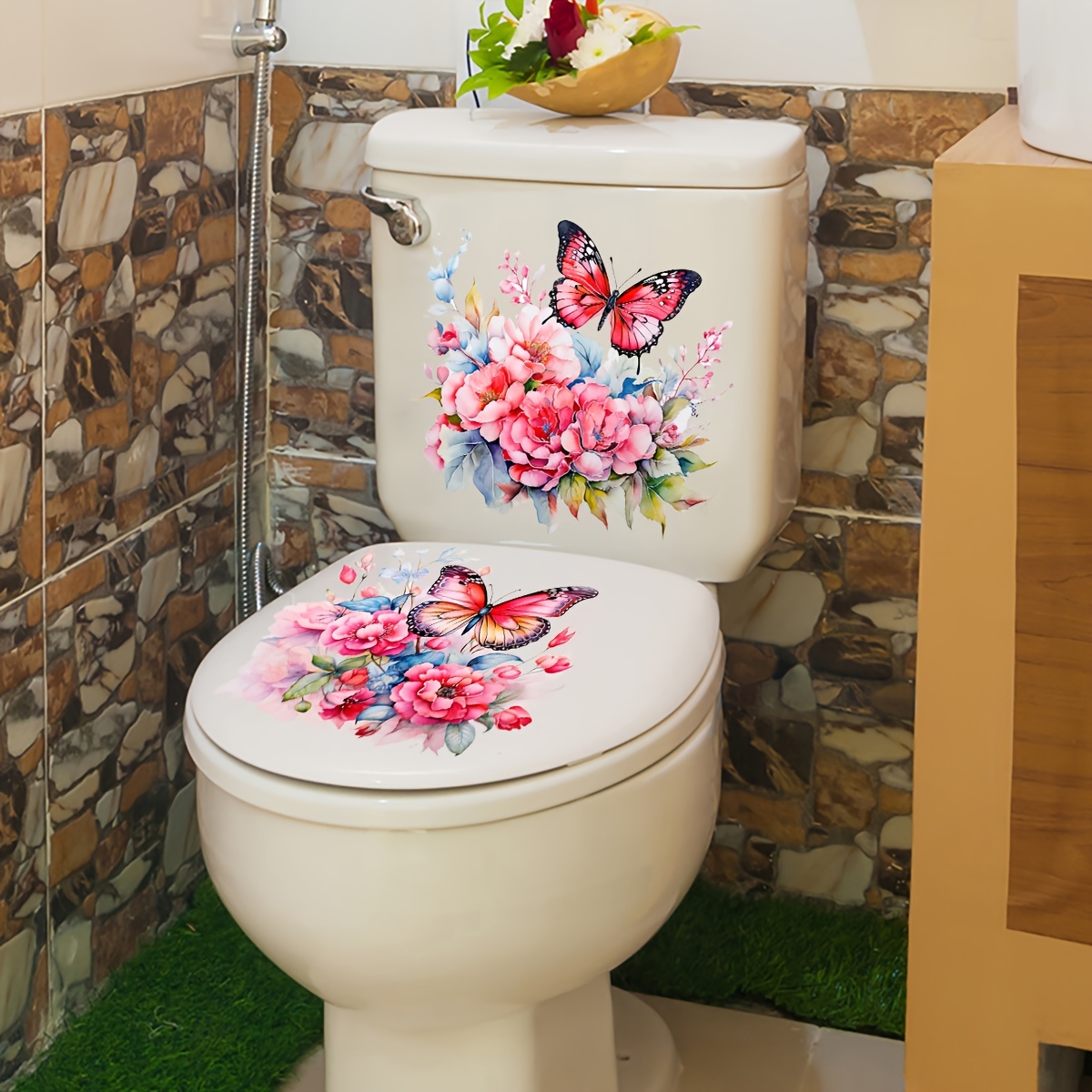 

2pcs & Floral Leaf Bathroom Decals - Waterproof Pvc Wall Stickers For Toilet And Home Decor, Easy Apply