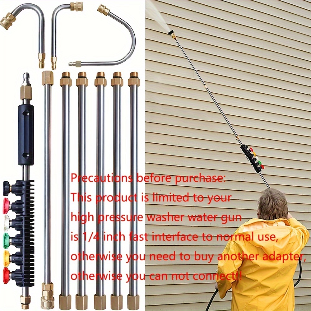 high pressure washer water gun with 10 stainless steel extension rods 1 4 inch quick connectors high pressure gasket extension rods   6 nozzles 30 90 120 curved cleaning rods 4000 psi suitable for cleaning roofs walls gutters etc