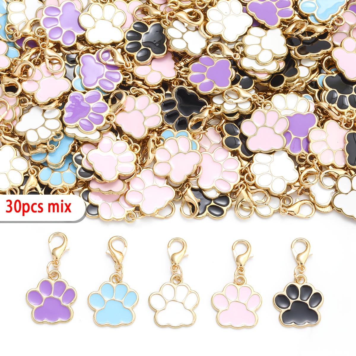 30pcs Of Alloy Enamel Paws With Clasps, Suitable For Key Rings And Keychain Accessory Crafts